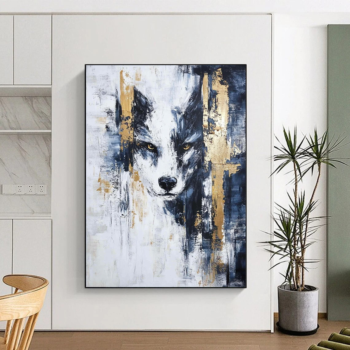 Large contemporary hand-painted abstract artwork featuring blue black white textures with intricate gold accents in a striking modern style. DLZ0359
