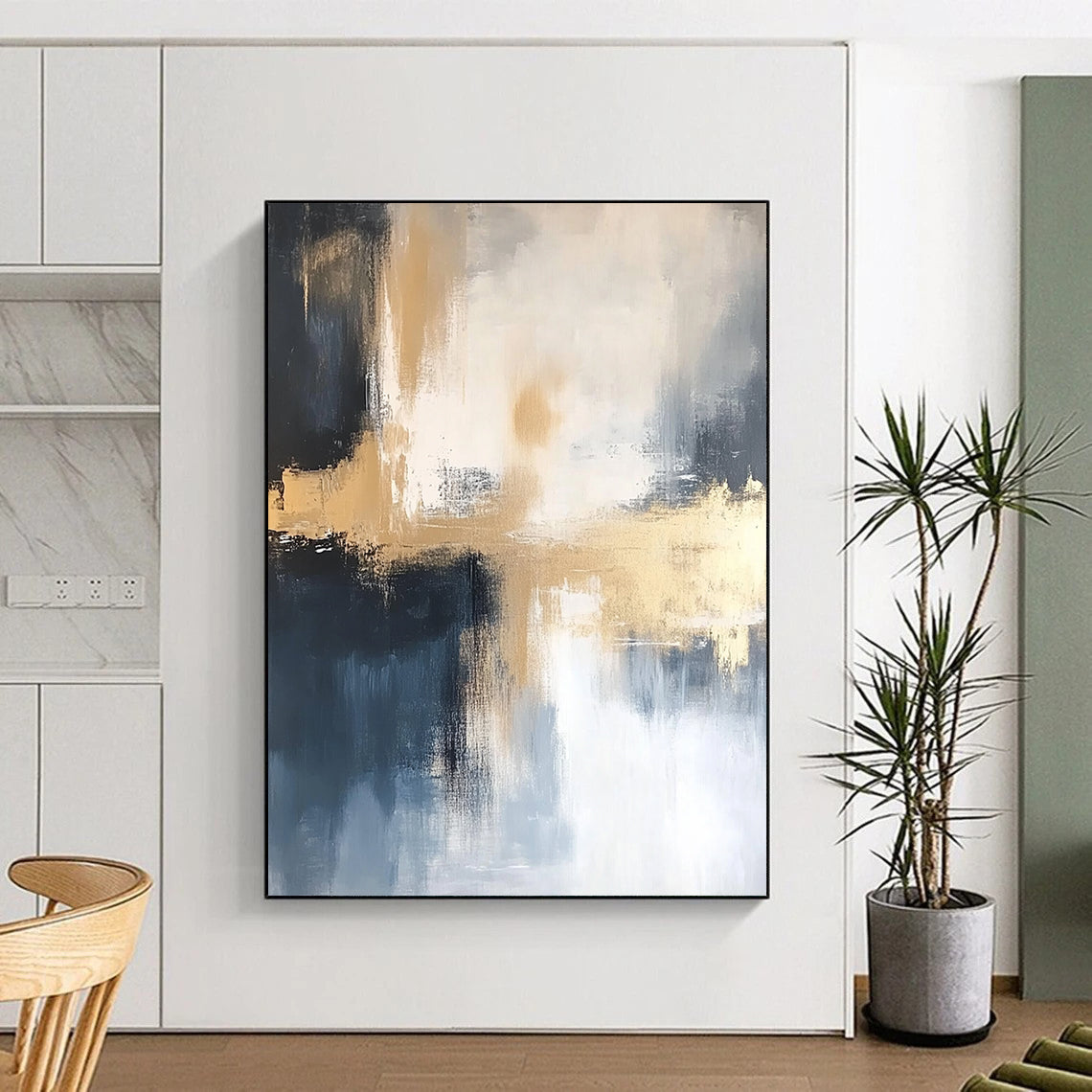 Contemporary hand-painted abstract art featuring gold, white, blue, black, and gray tones on a soft white background, perfect for modern decor. DLZ0436