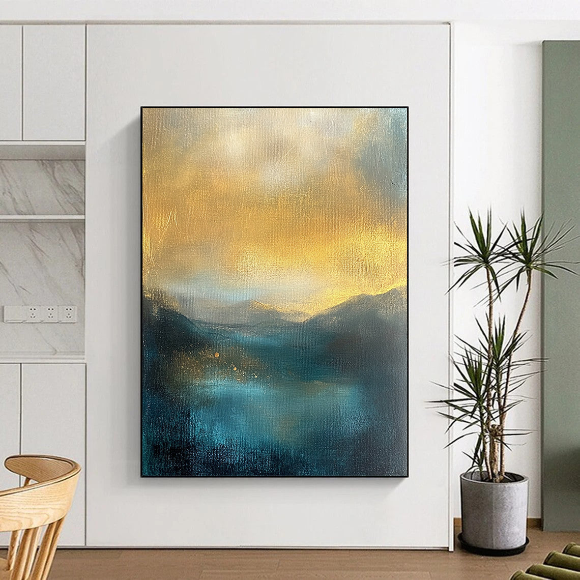 Contemporary abstract painting featuring misty mountains golden sky textured in teal and yellow tones perfect for adding elegance to any space. DLZ0486