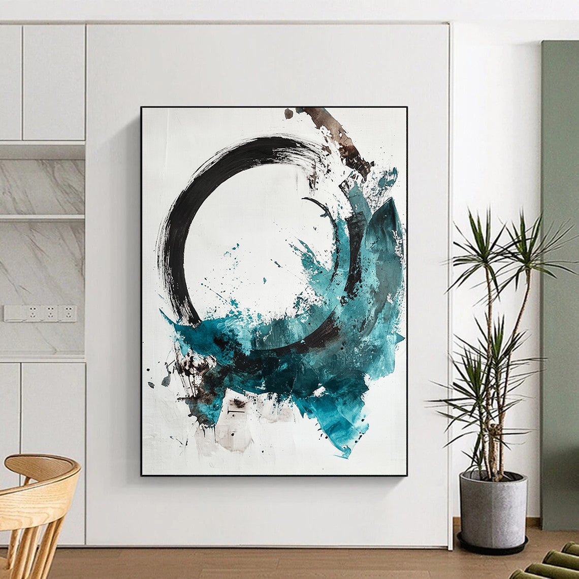 Black, White, Teal, Brown, Splattered Circle "Colorful Enso" Abstract Expressionist Painting On Canvas HB094