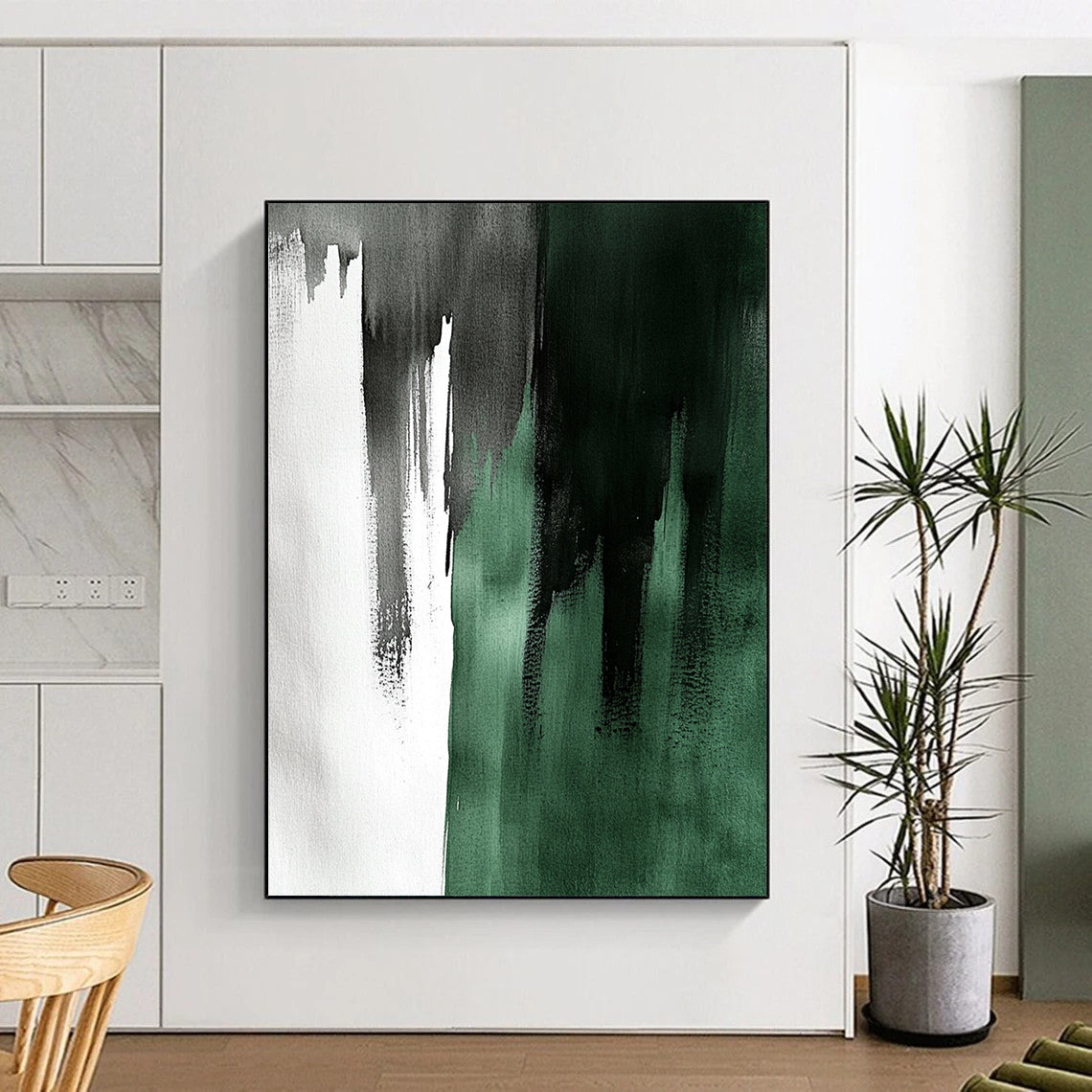 Large contemporary hand-painted abstract artwork featuring emerald green and gray with elegant brushstrokes creating a striking light and shadow contrast. DLZ1736