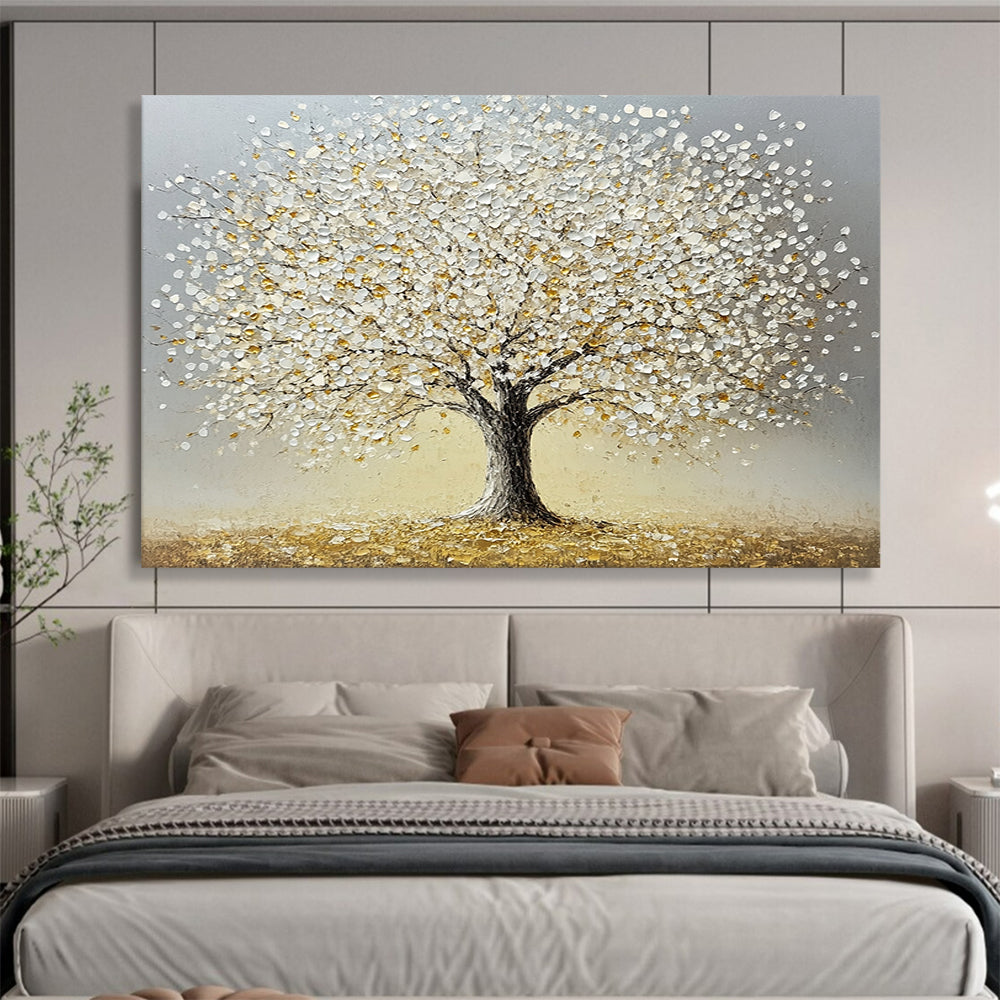 “Silver - Golden Tree” - Gray background, silver leaves, golden accents, Textured Tree Painting On Canvas HB0594