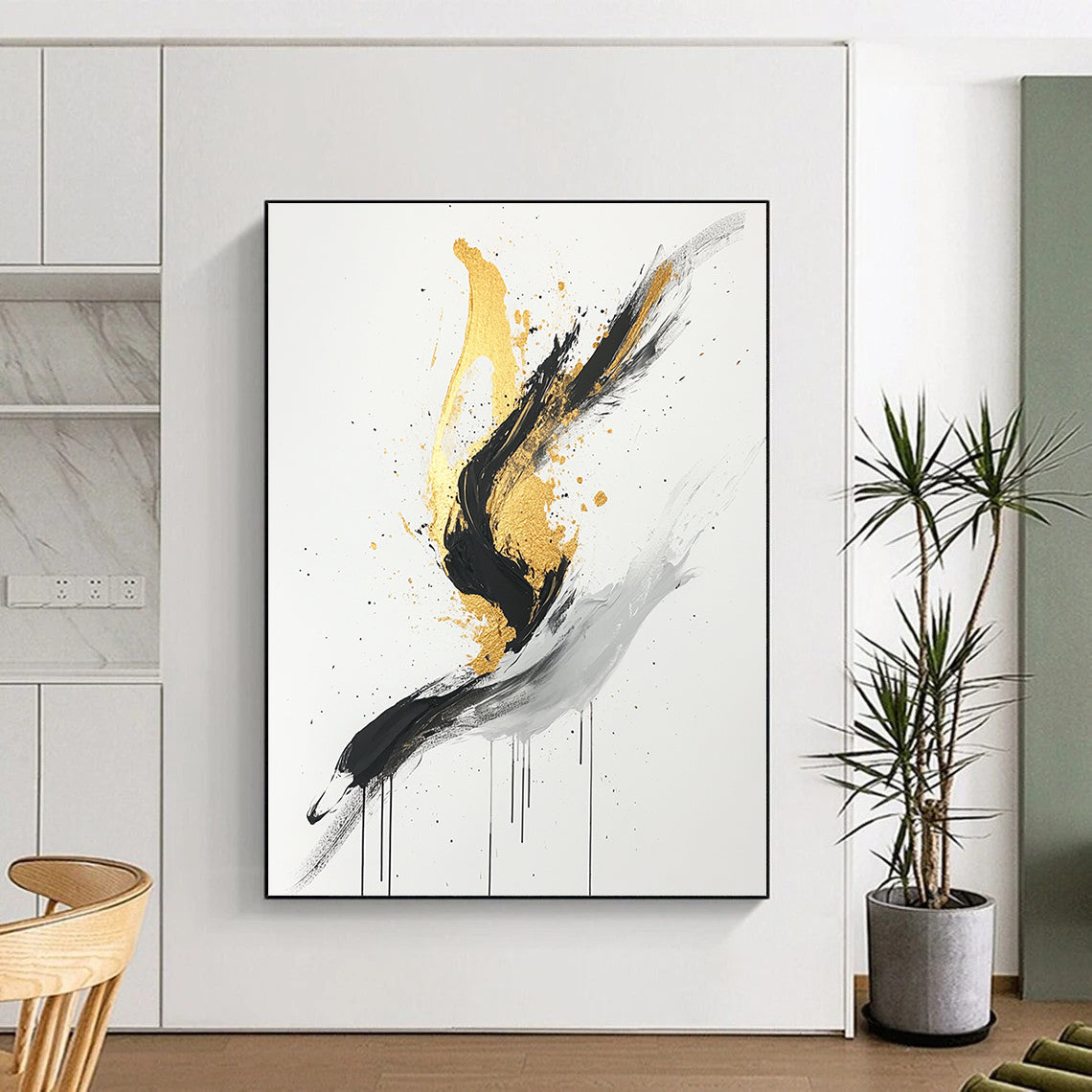 Black, White, Gold, Gray, Dynamic Swirls "Gilded Motion" Abstract Expressionist Painting On Canvas HB095