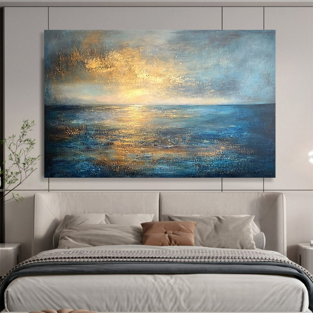 “Golden Sunset Seascape” - Gold, blue, gray; Abstract sunset over the sea; Textured Oil Painting On Canvas HB1188