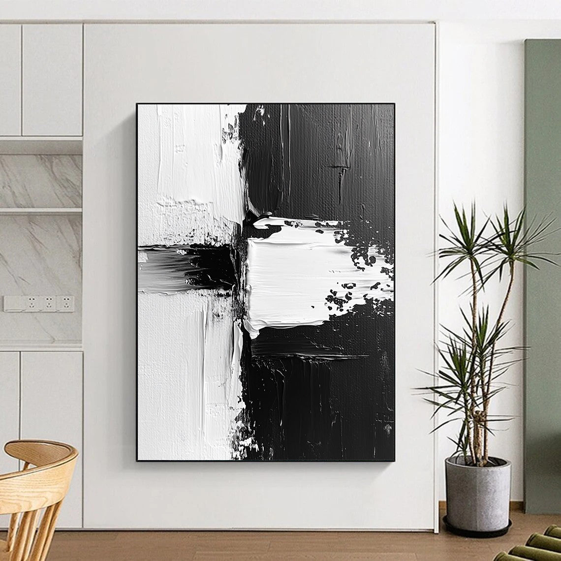 Contemporary abstract painting features dynamic black and white textures with expressive brush strokes and vibrant paint splashes on canvas. DLZ0309
