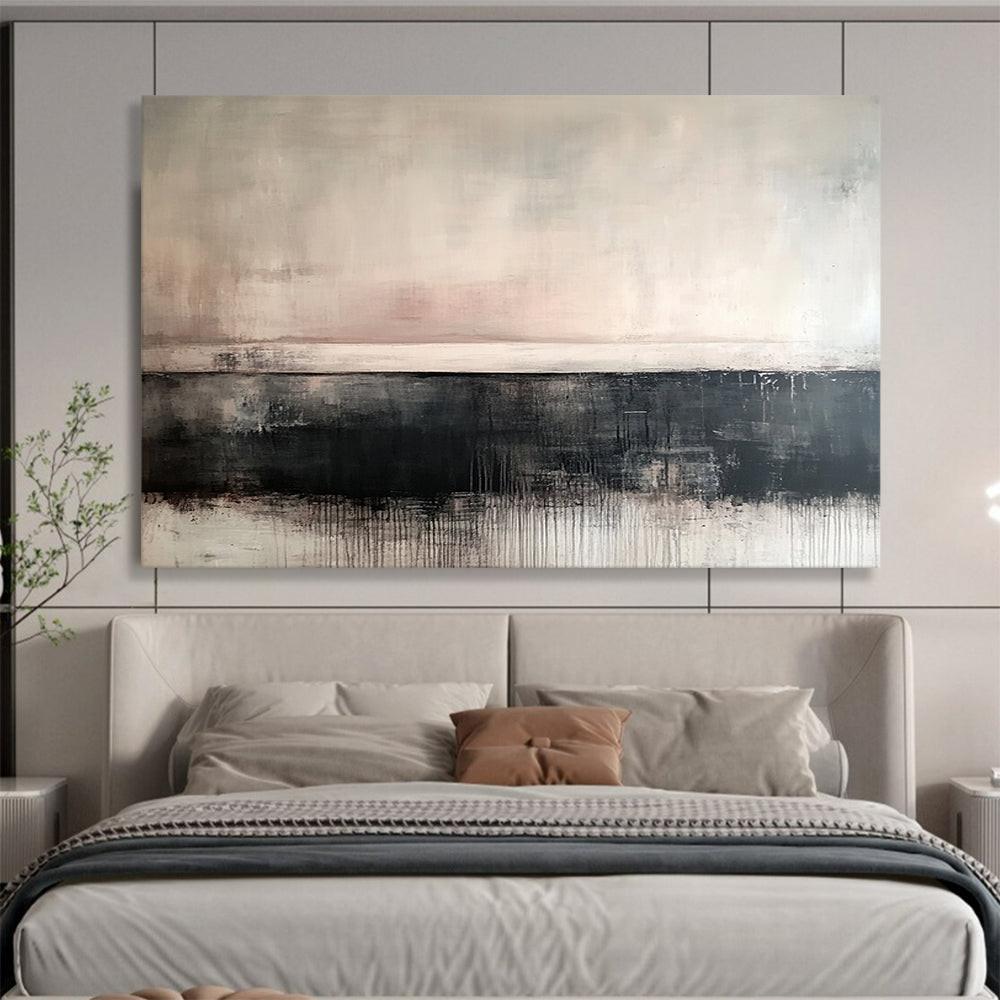 “Muted Abstract Horizon” - Soft tones of gray, beige, black; Abstract horizon with drip effects; Acrylic Painting On Canvas HB1266