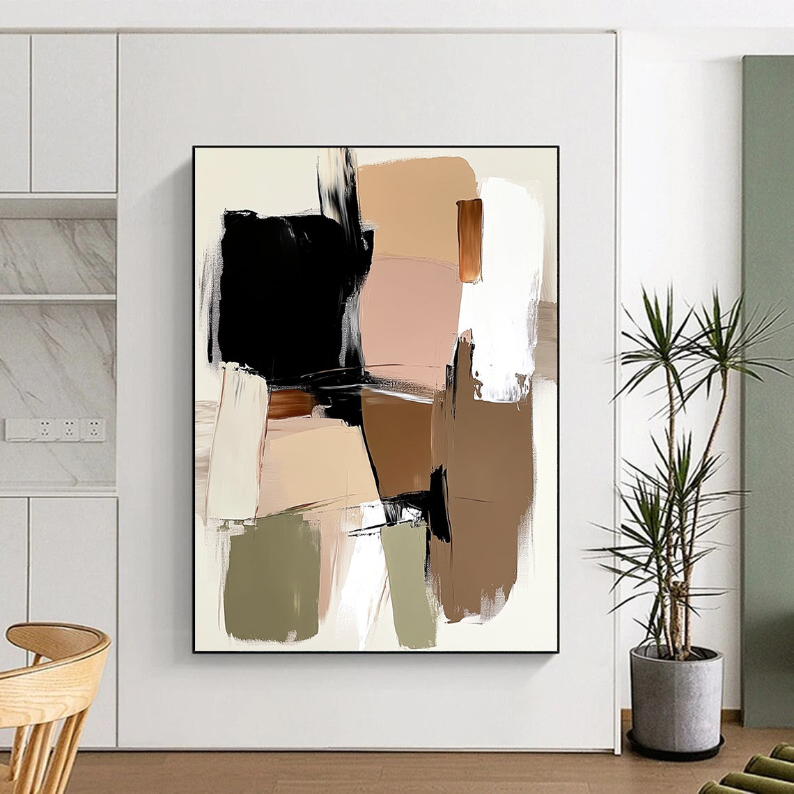 Contemporary hand-painted abstract art featuring loose brush strokes, large shapes, and a neutral background in beige and brown with accents of black, white, sage green, and pink. DLZ0557