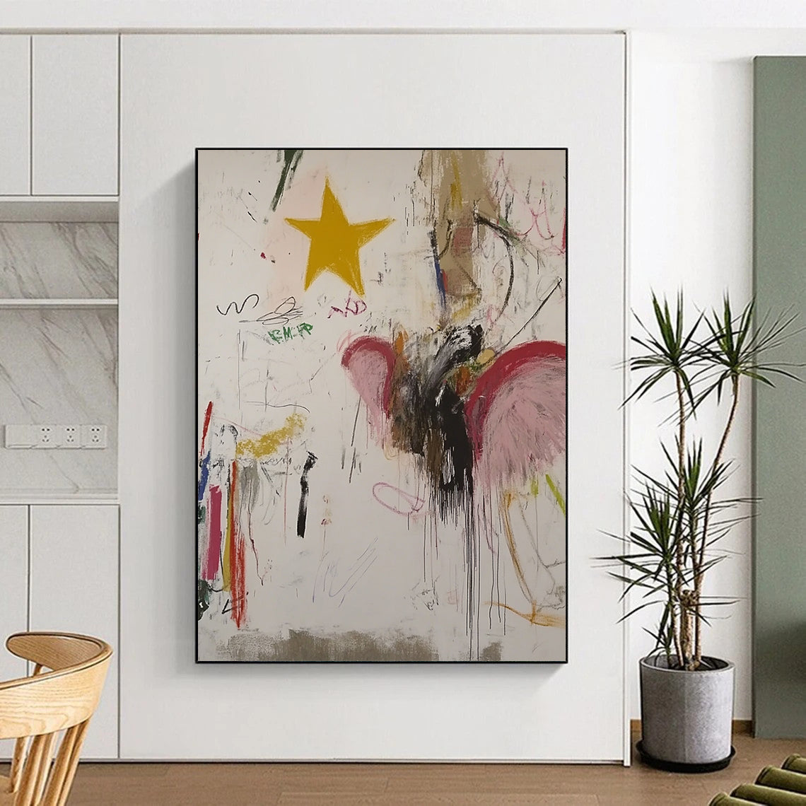 Large contemporary hand-painted abstract artwork featuring an angel with vibrant colors whimsical designs and a yellow star on a white background. DLZ0858