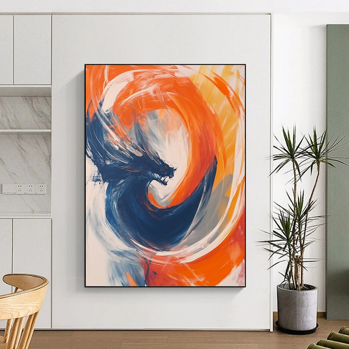 Contemporary abstract artwork featuring vibrant orange and blue circular forms with fluid movement, white strokes, and a dynamic dragon motif at the center. DLZ1014