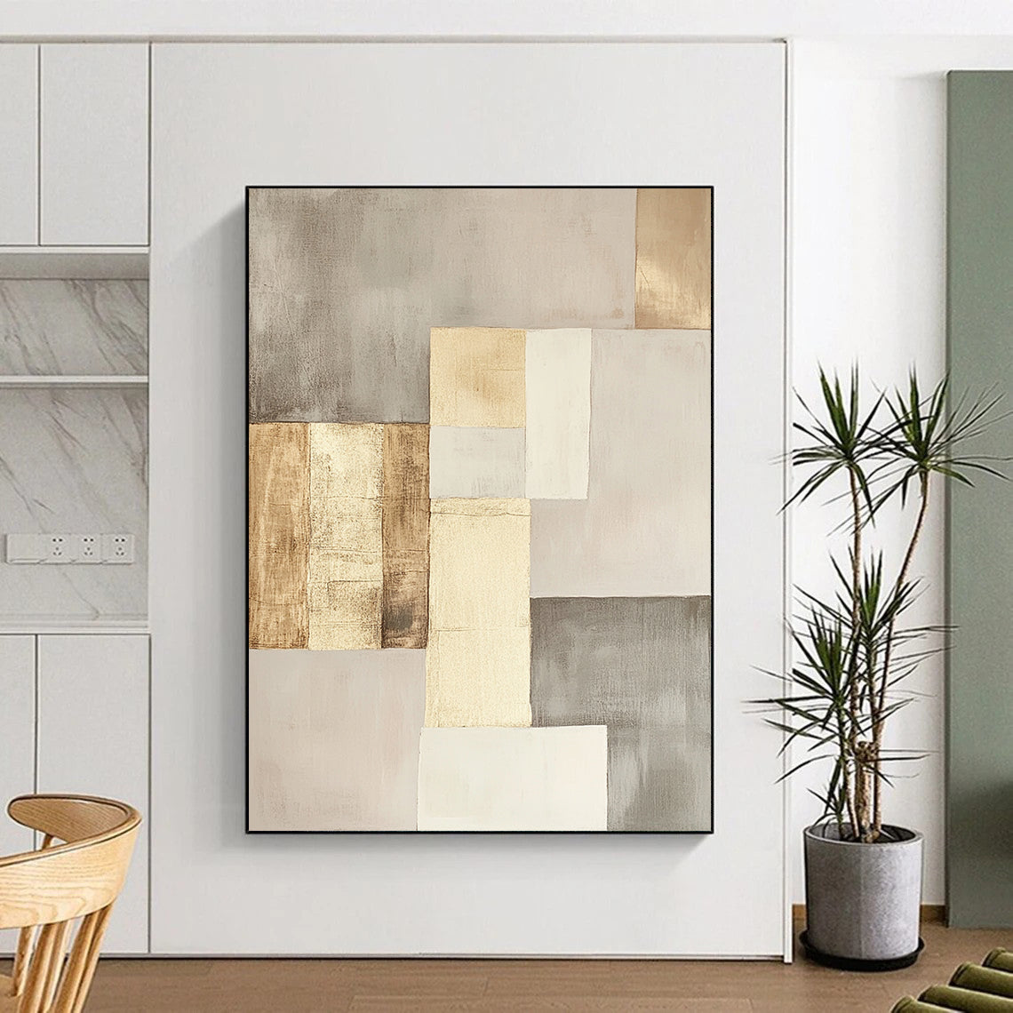 Beige, Gray & Gold Geometric Squares - “Elegant Neutral Grid” Painting On Canvas HB206