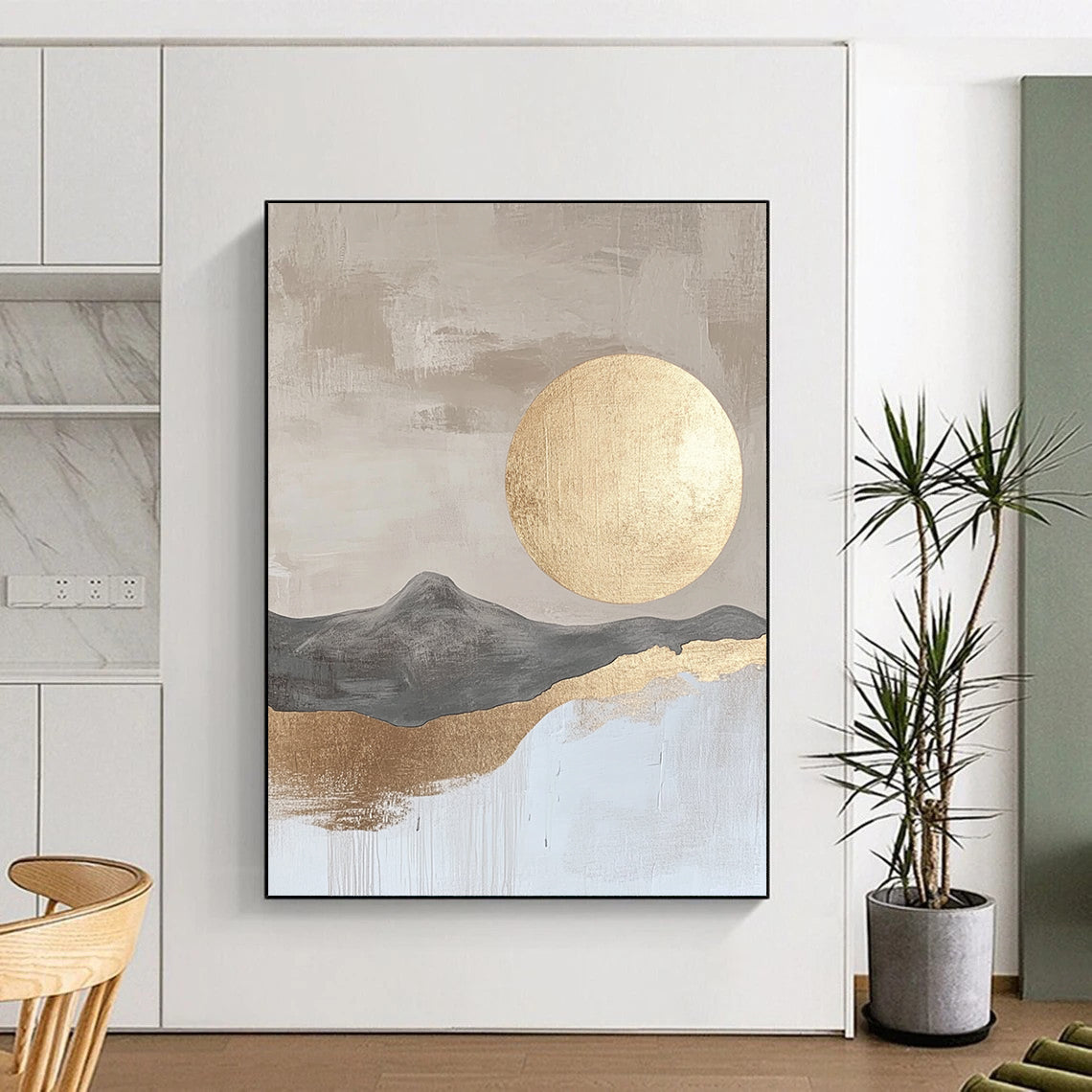 Contemporary hand-painted abstract art featuring a beige and gray landscape with a golden moon on textured paper surface in neutral colors. DLZ0284