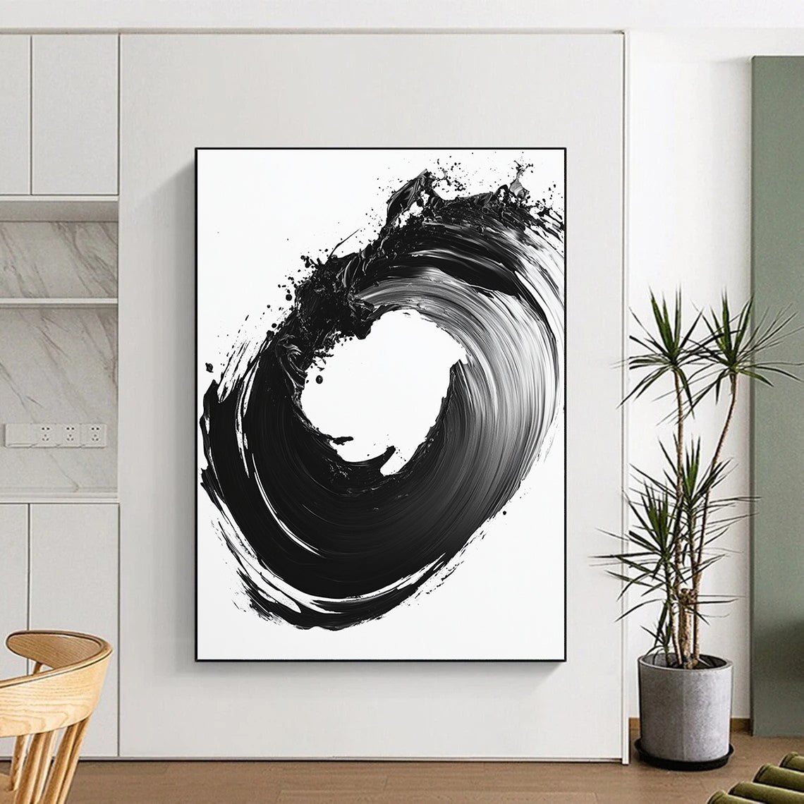 Black & White Circular Ink Brushstroke - “Infinite Ink Loop” Painting On Canvas HB230