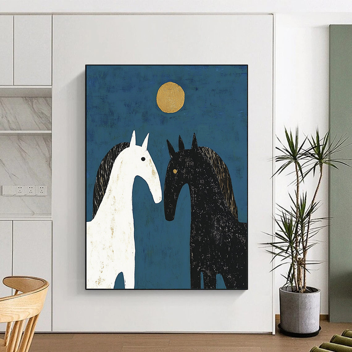 Contemporary abstract artwork featuring three horses in a symmetrical design with soft edges and delicate brushstrokes against a deep blue background. DLZ1714
