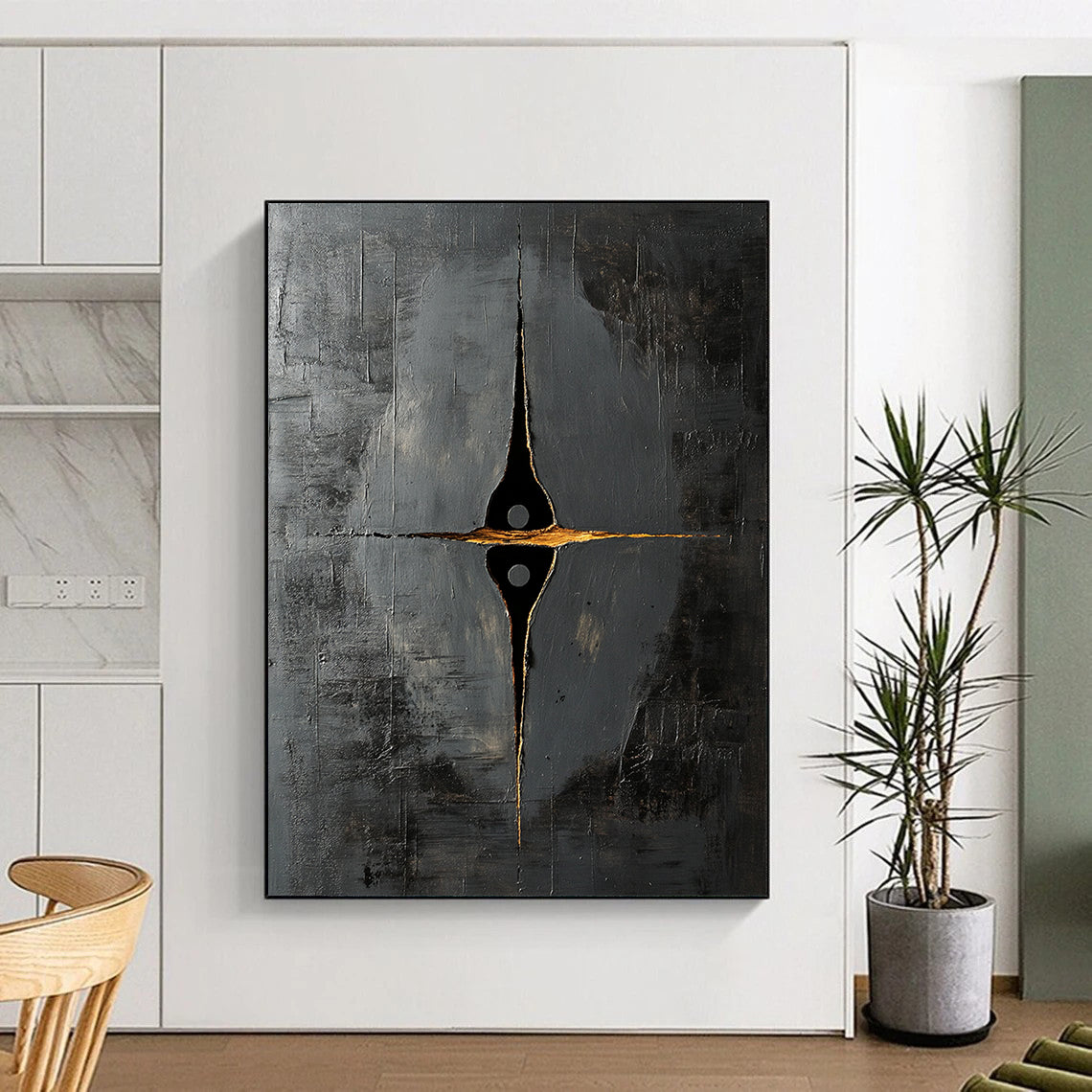 Black, Gray and Gold Geometric Cross "Mystic Compass" Painting On Canvas HB361