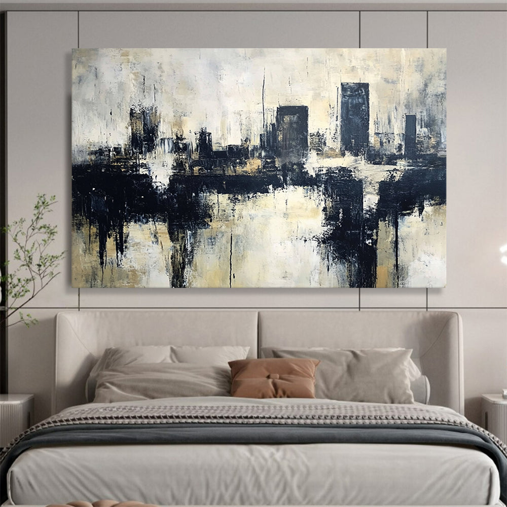 “Monochrome Cityscape Reflection” - Black, White, Beige, Abstract City Reflection Painting On Canvas HB1007