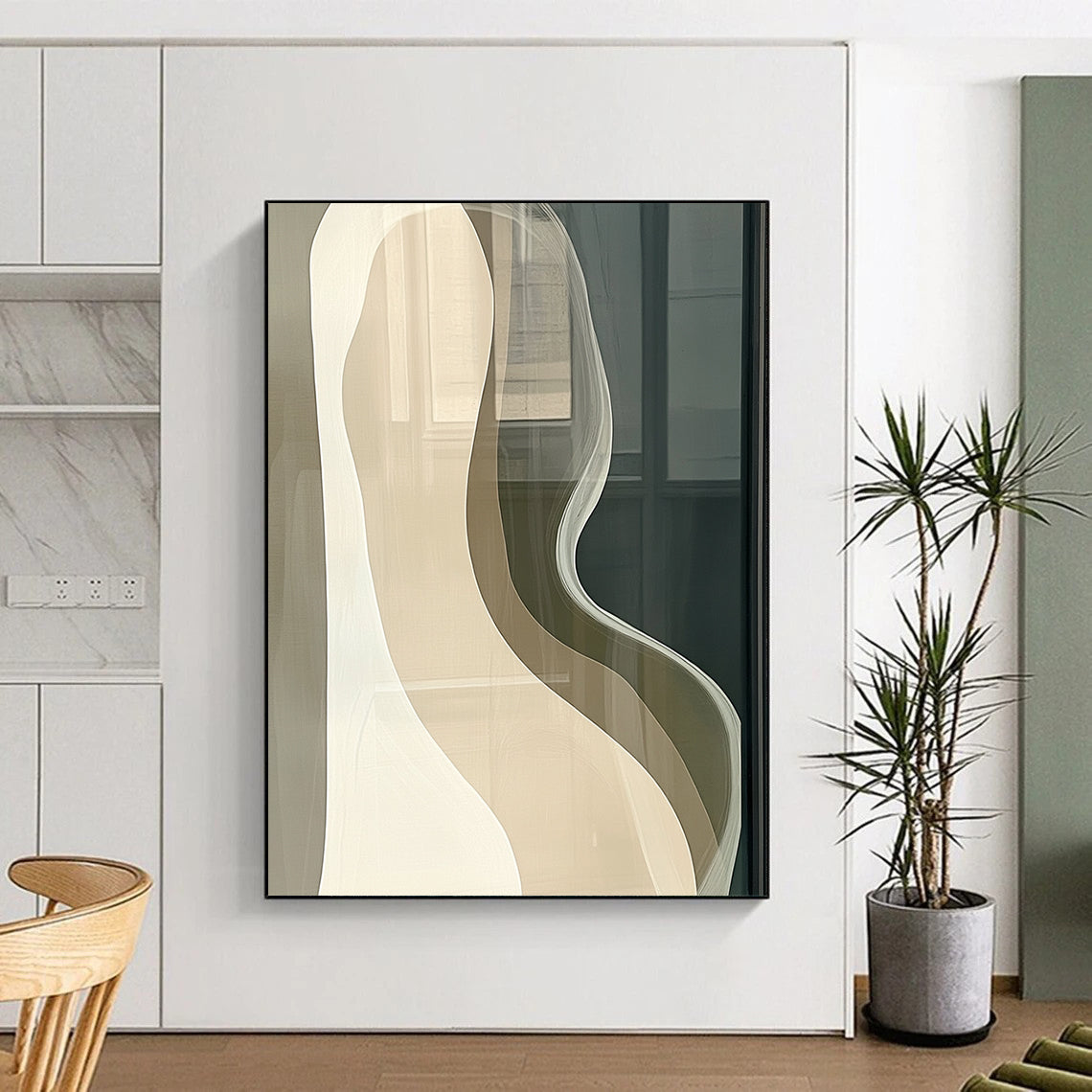 Large contemporary hand-painted abstract artwork features beige and white curved lines on a dark gray background, evoking calm minimalism for modern interiors. DLZ1189
