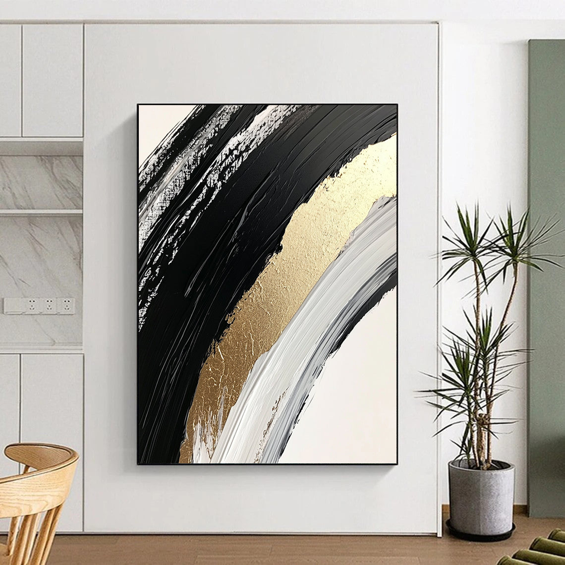 Black, White and Gold Curved Brushstrokes "Elegant Arc" Painting On Canvas HB321