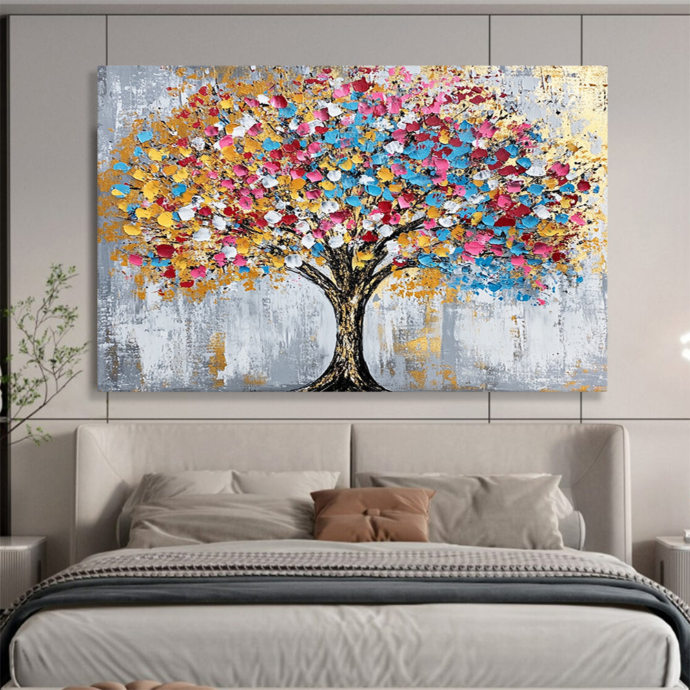 “Colorful Dot Tree” - Gray background, multicolor dots, golden accents, Abstract Tree Painting On Canvas HB0590