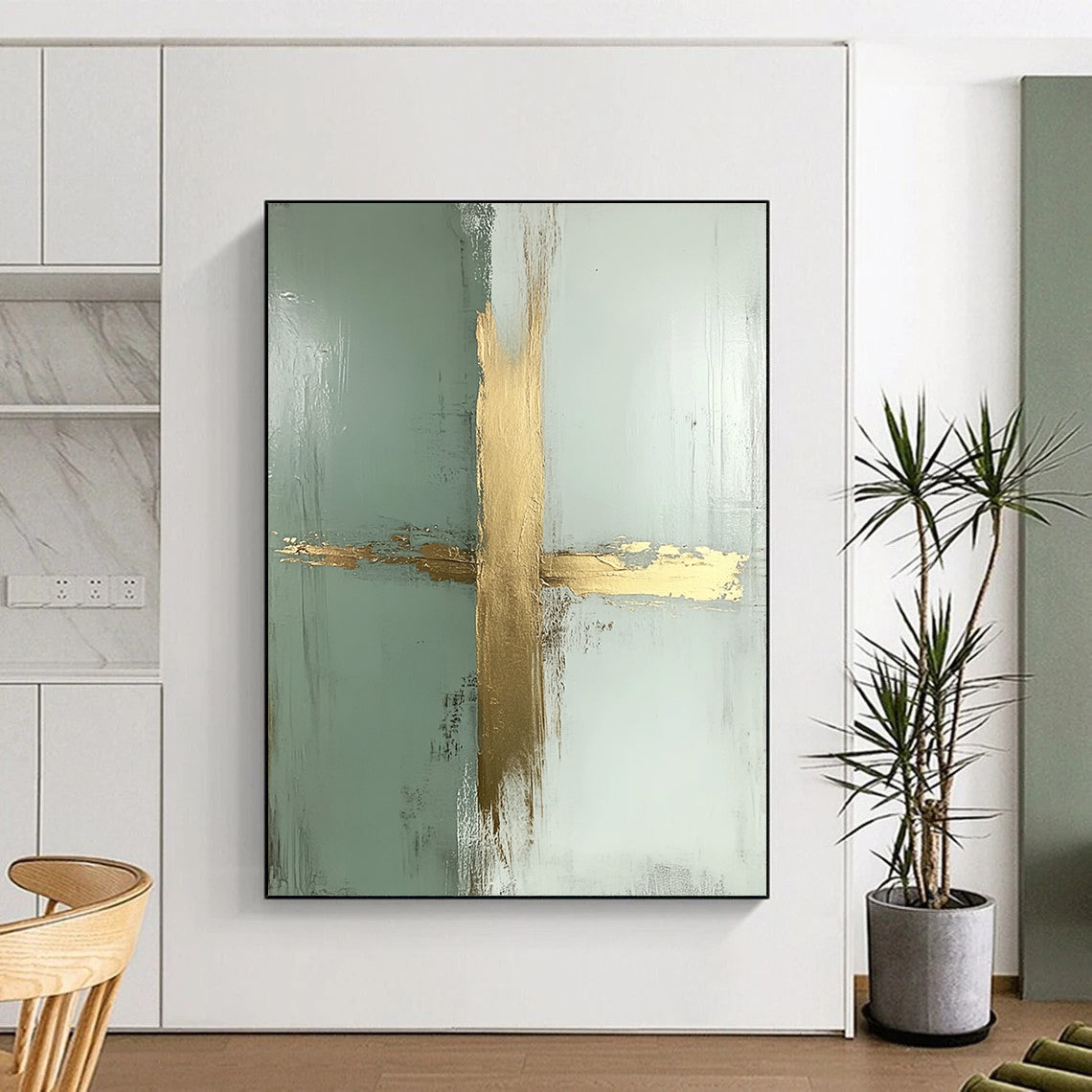 Contemporary hand-painted abstract artwork features a pale sage green and white background with a striking gold-accented vertical cross. DLZ0717