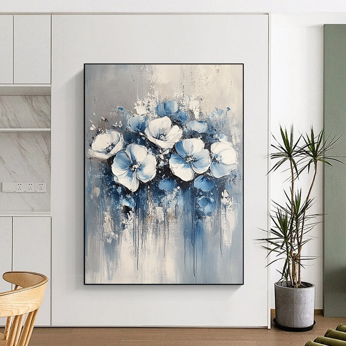 Contemporary abstract painting featuring delicate blue and white floral motifs against a soft grey background, perfect for modern decor. DLZ0349