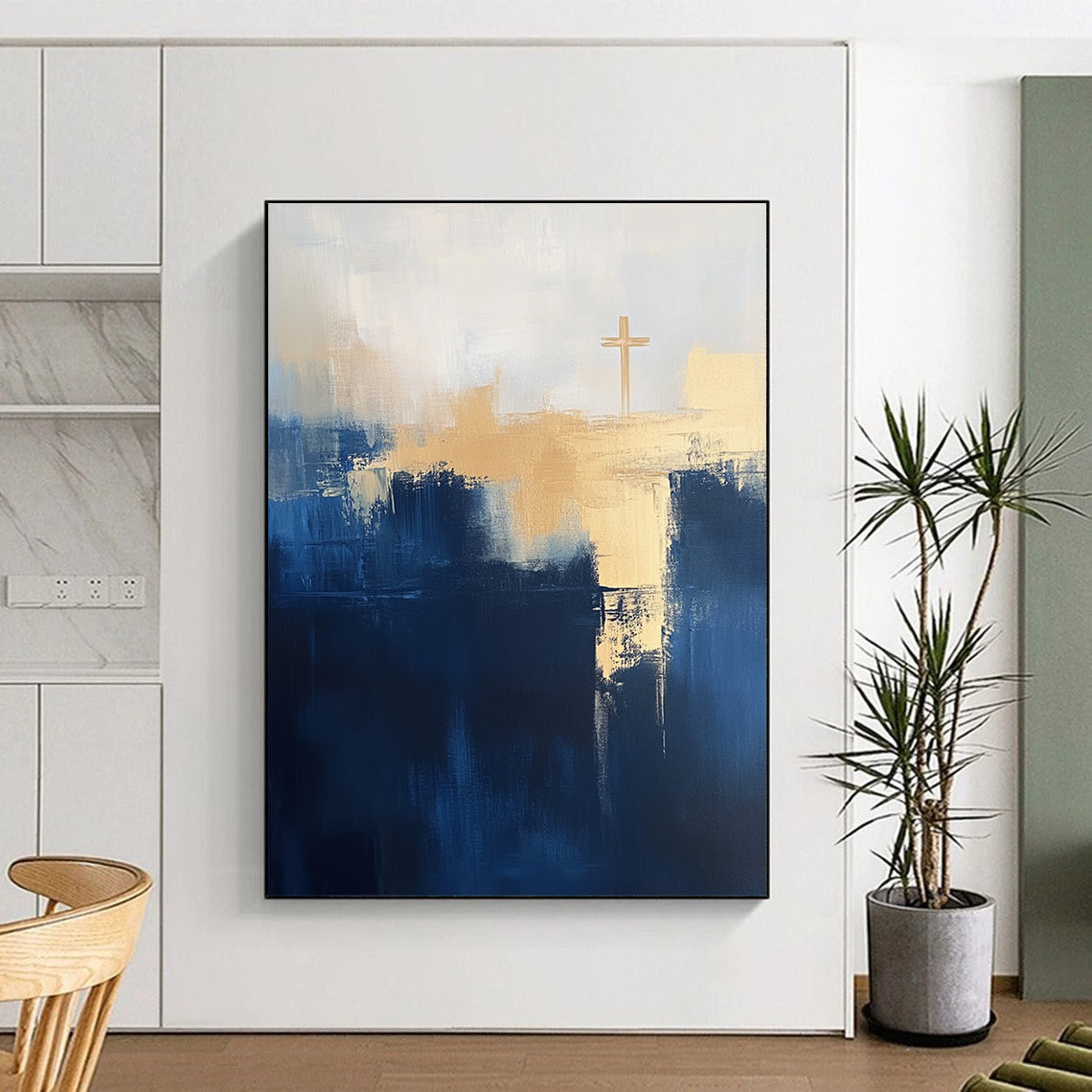 Contemporary abstract painting featuring navy blue and light beige tones with large brush strokes and a minimalist cityscape design emphasizing depth and negative space. DLZ0714