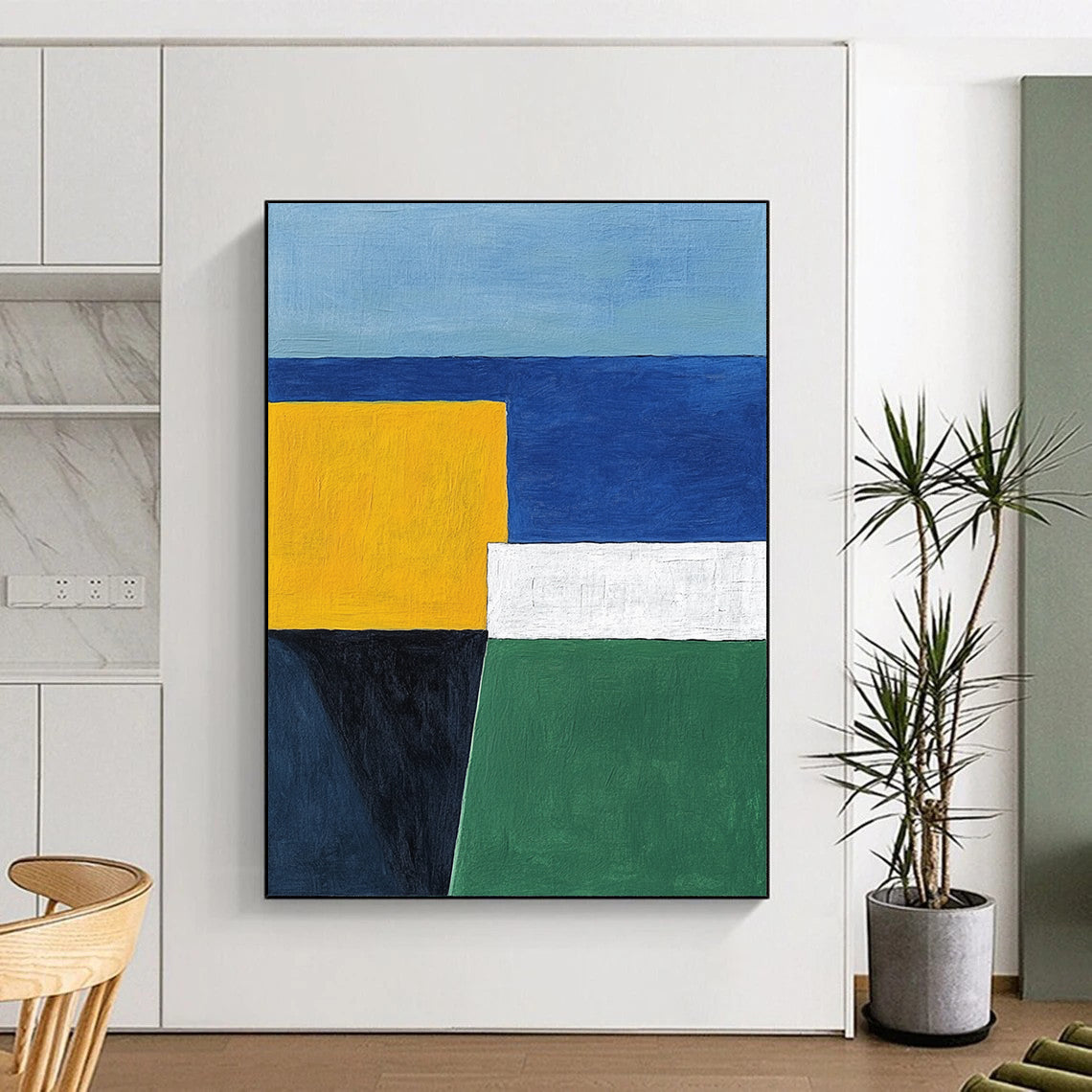 Contemporary hand-painted abstract art featuring blue white and yellow geometric shapes with a minimalist style of yellow green and navy colors. DLZ1320