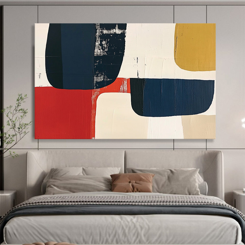 “Colorful Geometric Blocks” - Navy, red, beige, mustard, Abstract Geometric Painting HB0617