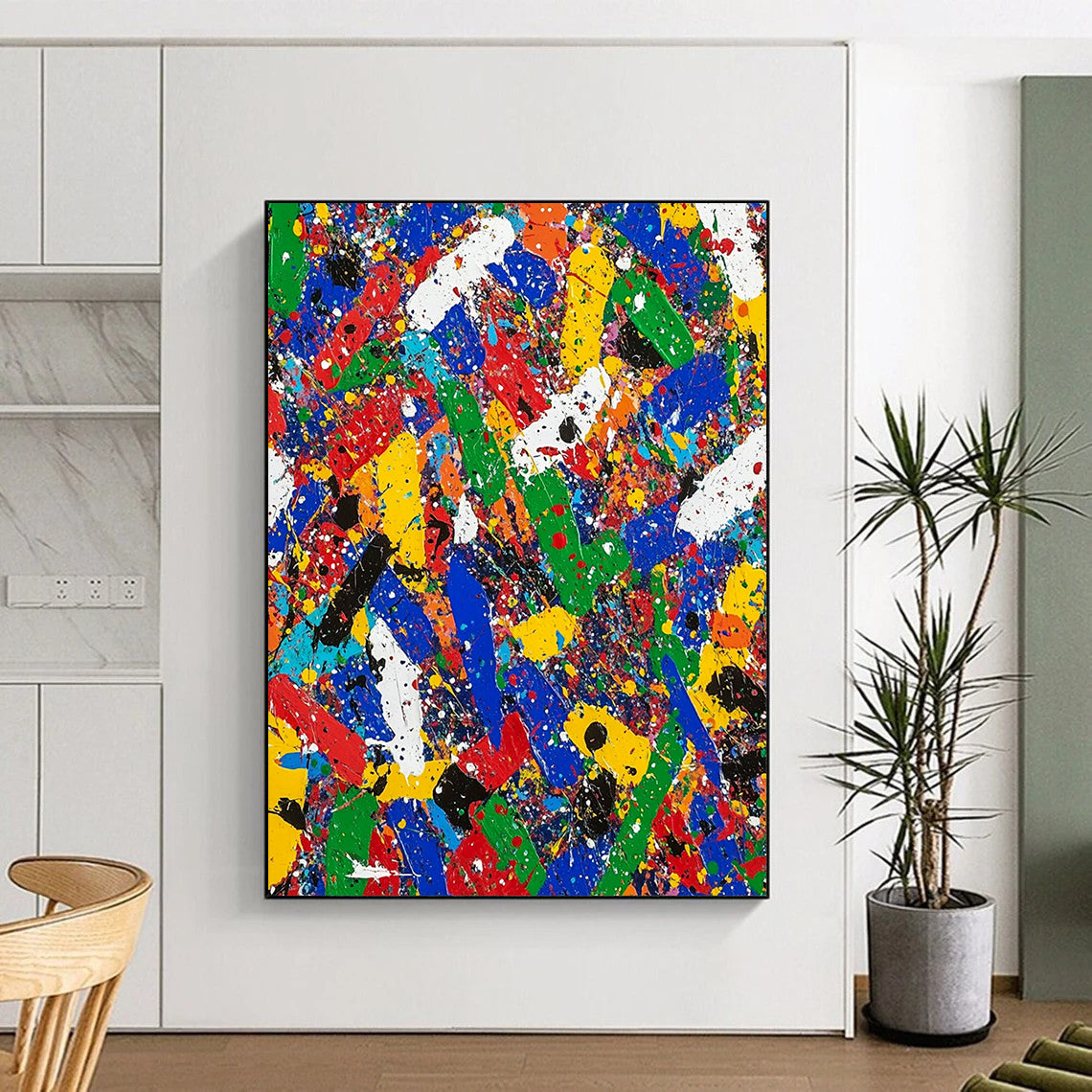 Contemporary hand-painted abstract art filled with vibrant colors and dynamic shapes evoking emotions of excitement and nostalgia in a captivating landscape. DLZ1176