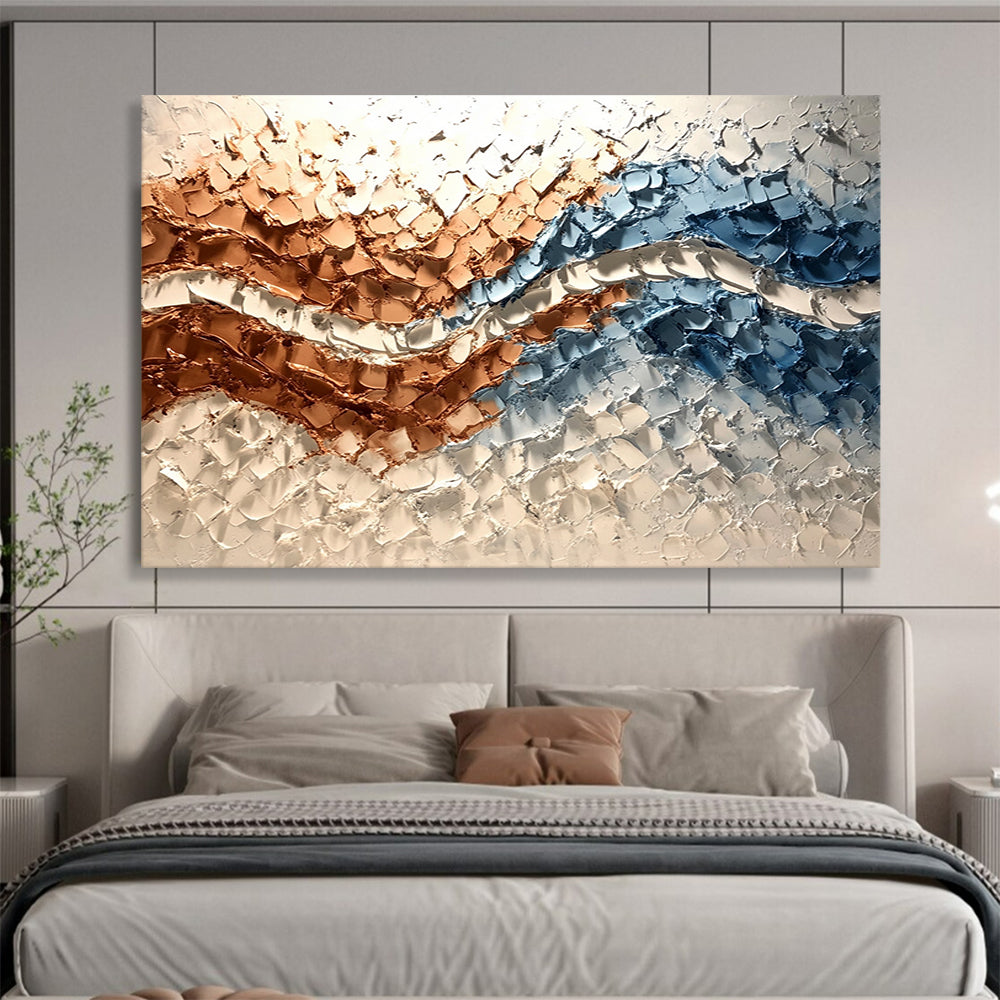 “Textured Copper - Blue Waves” - Copper, Blue, White, 3D Wave - Patterned Abstract Painting On Canvas HB0979
