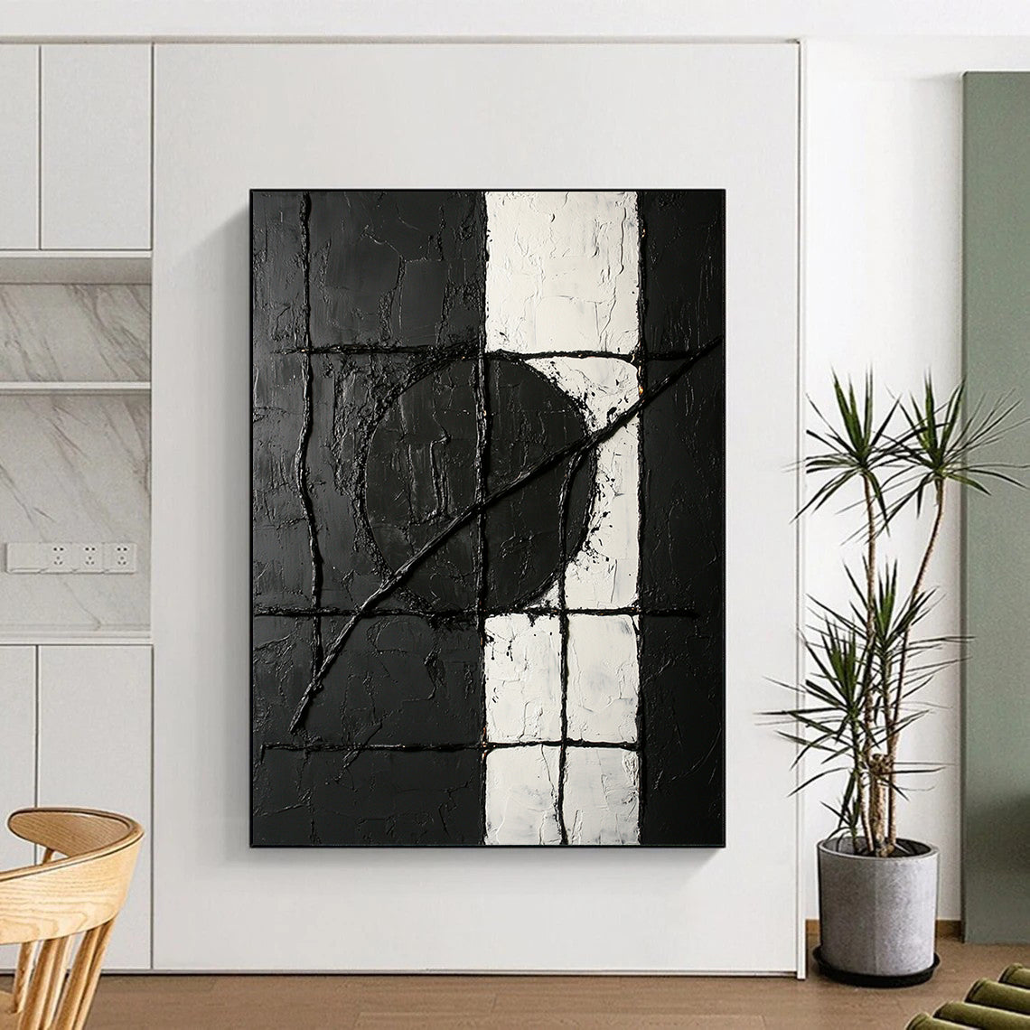 Black, White, Textured Grid "Monochrome Maze" Abstract Minimalist Painting On Canvas HB074