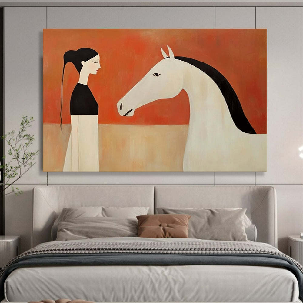“Stylized Woman & Horse Encounter” - Black, White, Orange, Figurative Painting On Canvas HB0771