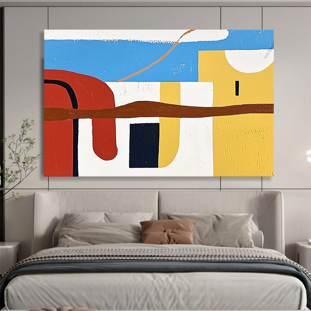 “Colorful Abstract Landscape” - Blue, Red, Yellow, Brown, White - Abstract Geometric Landscape - Acrylic Painting HB1314
