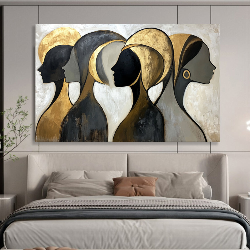 “Golden Silhouettes” - Black, Gold, Gray, Abstract Profiles - Stylized Acrylic Painting HB1514