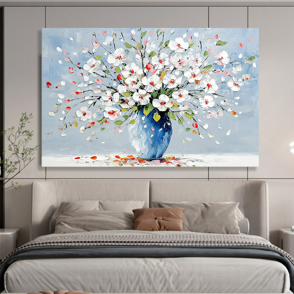 “Colorful Floral Vase” - White, Pink, Red, Green, Blue, Floral Bouquet in a Vase - Impasto Oil Painting HB1782