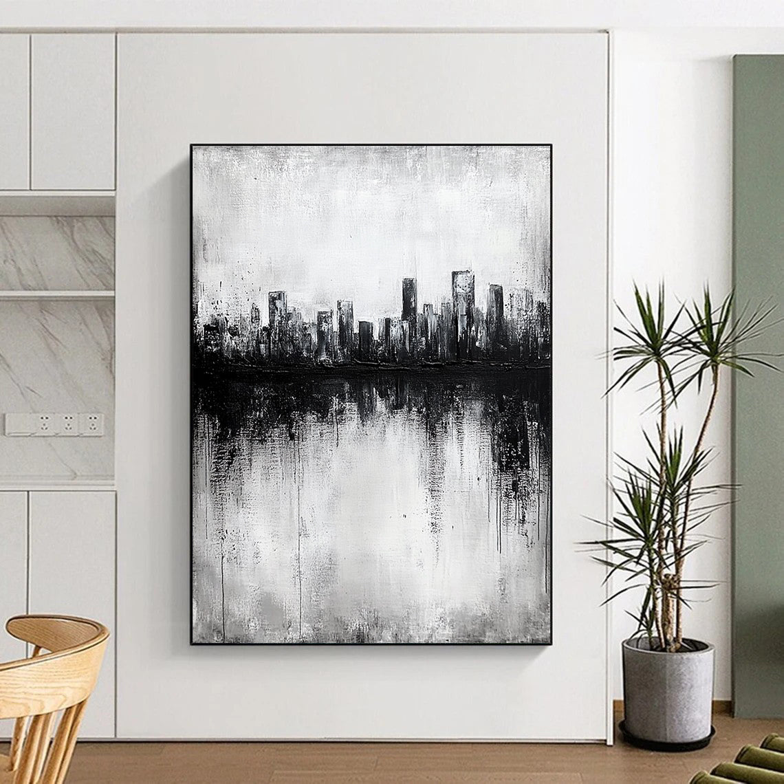 Contemporary abstract painting with textured canvas showcasing a city skyline reflected in a lake, featuring dark gray tones in a striking black and white palette. DLZ0299