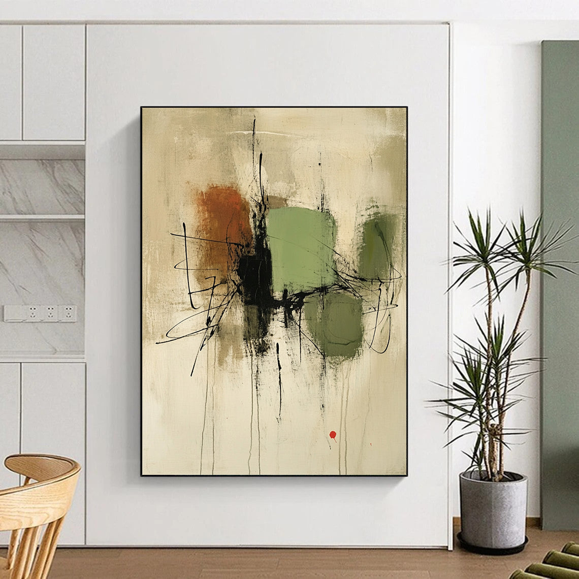 Large contemporary hand-painted abstract artwork featuring green and brown shapes on a beige background with black lines and a small red accent. DLZ1333