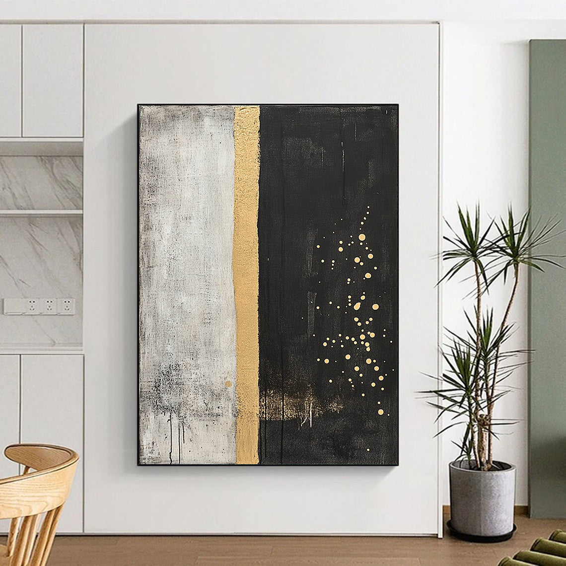 Gray, Gold & Black Split Dots - “Ethereal Boundary” Painting On Canvas HB197