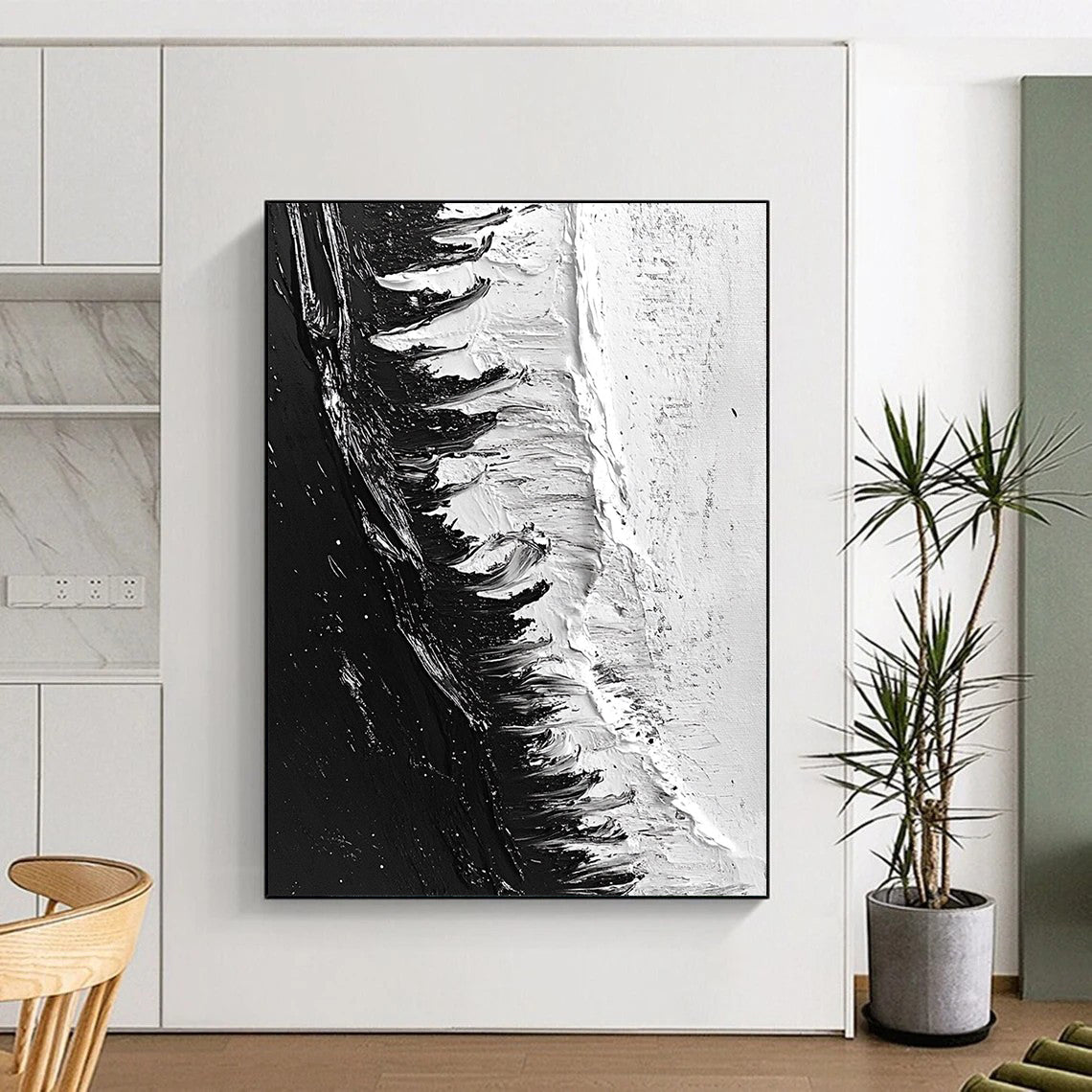 Contemporary abstract painting featuring dynamic black and white ice shelf with heavy brush strokes and a photorealistic oil finish. DLZ0307