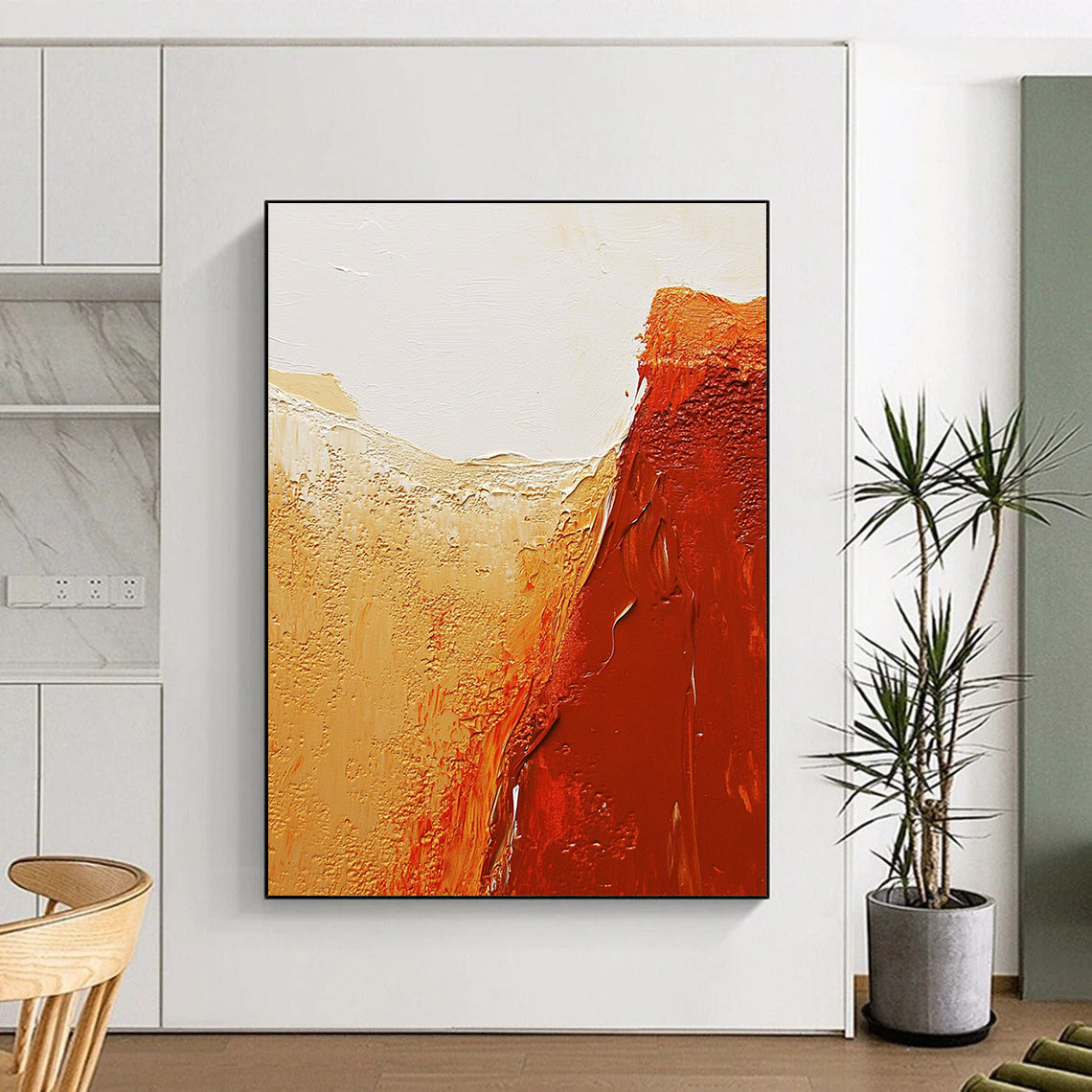 Contemporary abstract painting featuring textured red rock canyons and a serene white sky in warm orange and brown tones. DLZ1482