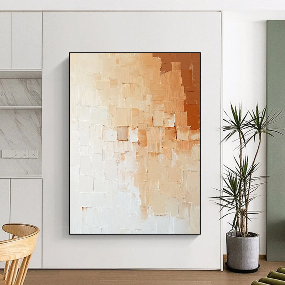 Contemporary abstract painting featuring thick impasto strokes in neutral tones, capturing a minimalist brick wall in elegant beige, white, and light orange hues. DLZ1198