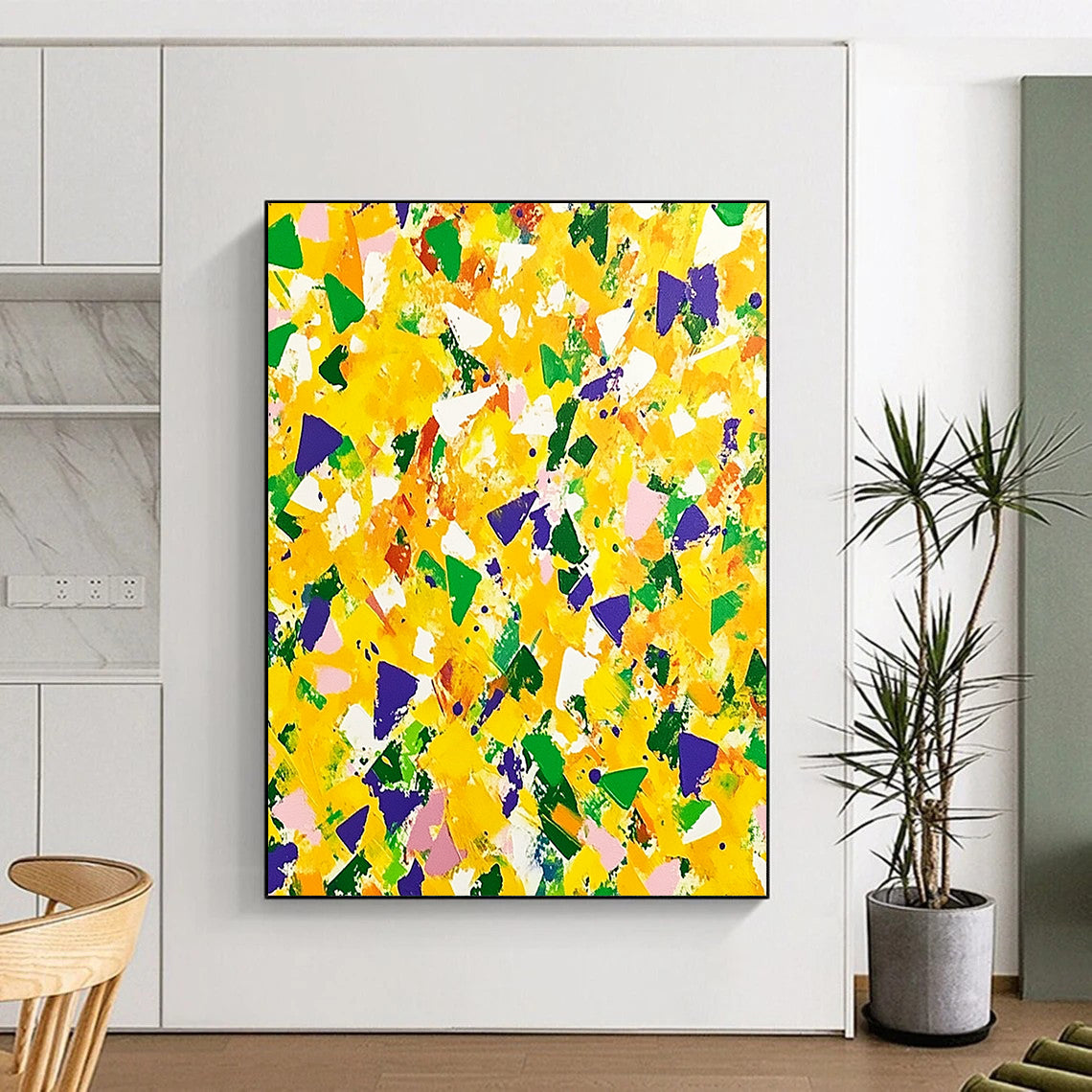 Contemporary hand-painted abstract artwork featuring vibrant yellow and green with purple accents, dynamic shapes, and energetic brushstrokes for a joyful atmosphere. DLZ1505