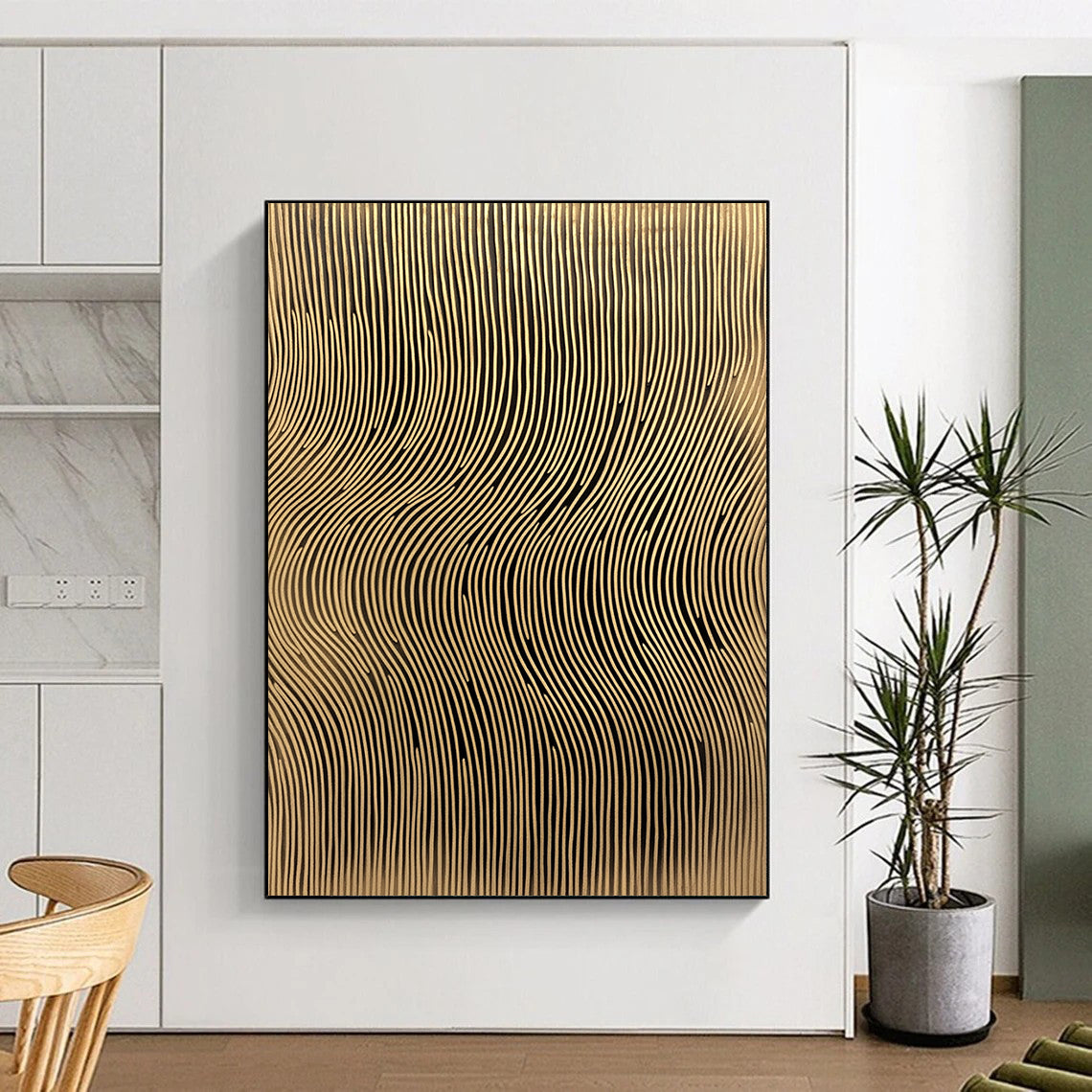 Contemporary abstract artwork features golden sound wave lines on a textured background adding depth and elegance to any space. DLZ1491