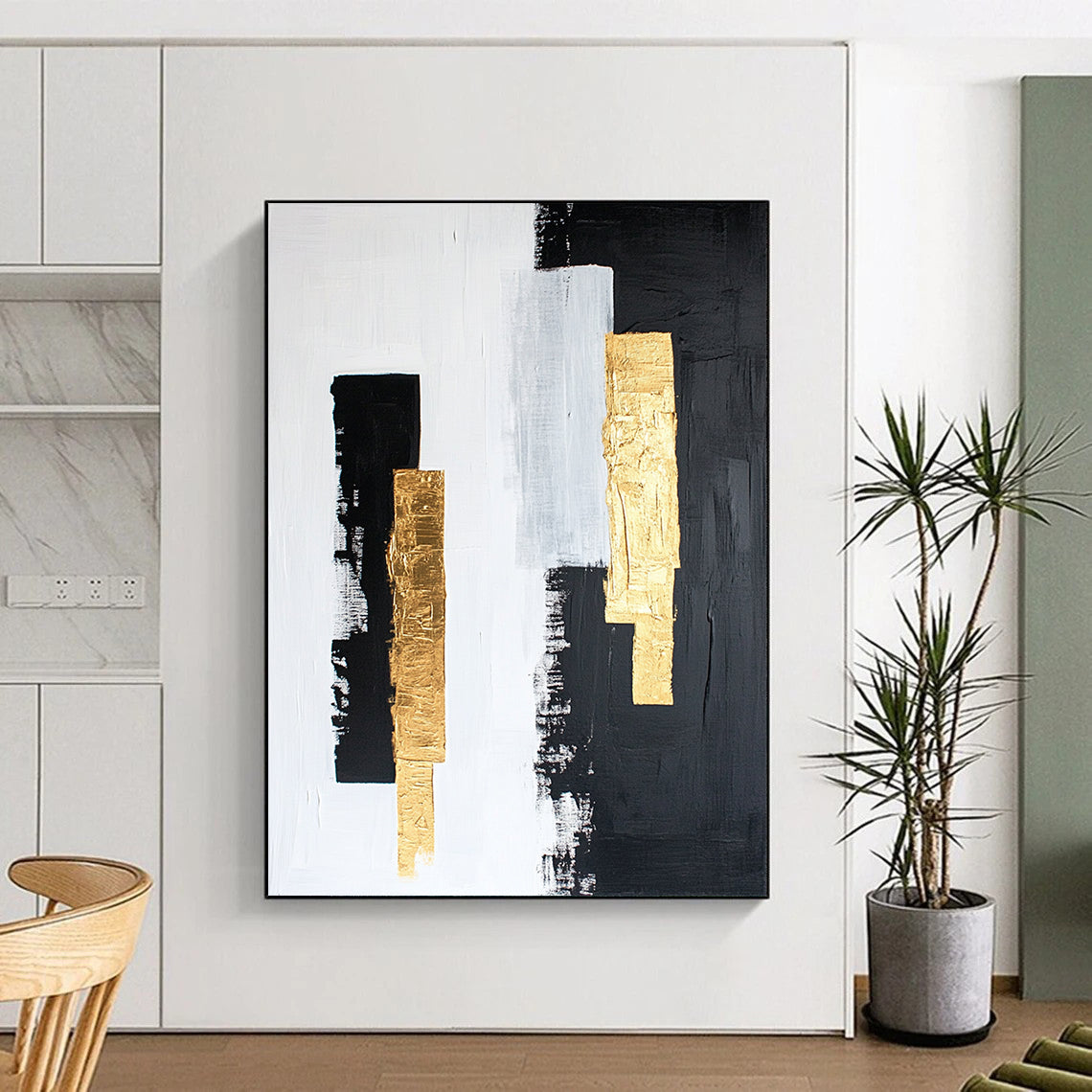 Black, White, Gray, Gold, Vertical Strokes "Gilded Simplicity" Abstract Minimalist Painting On Canvas HB148