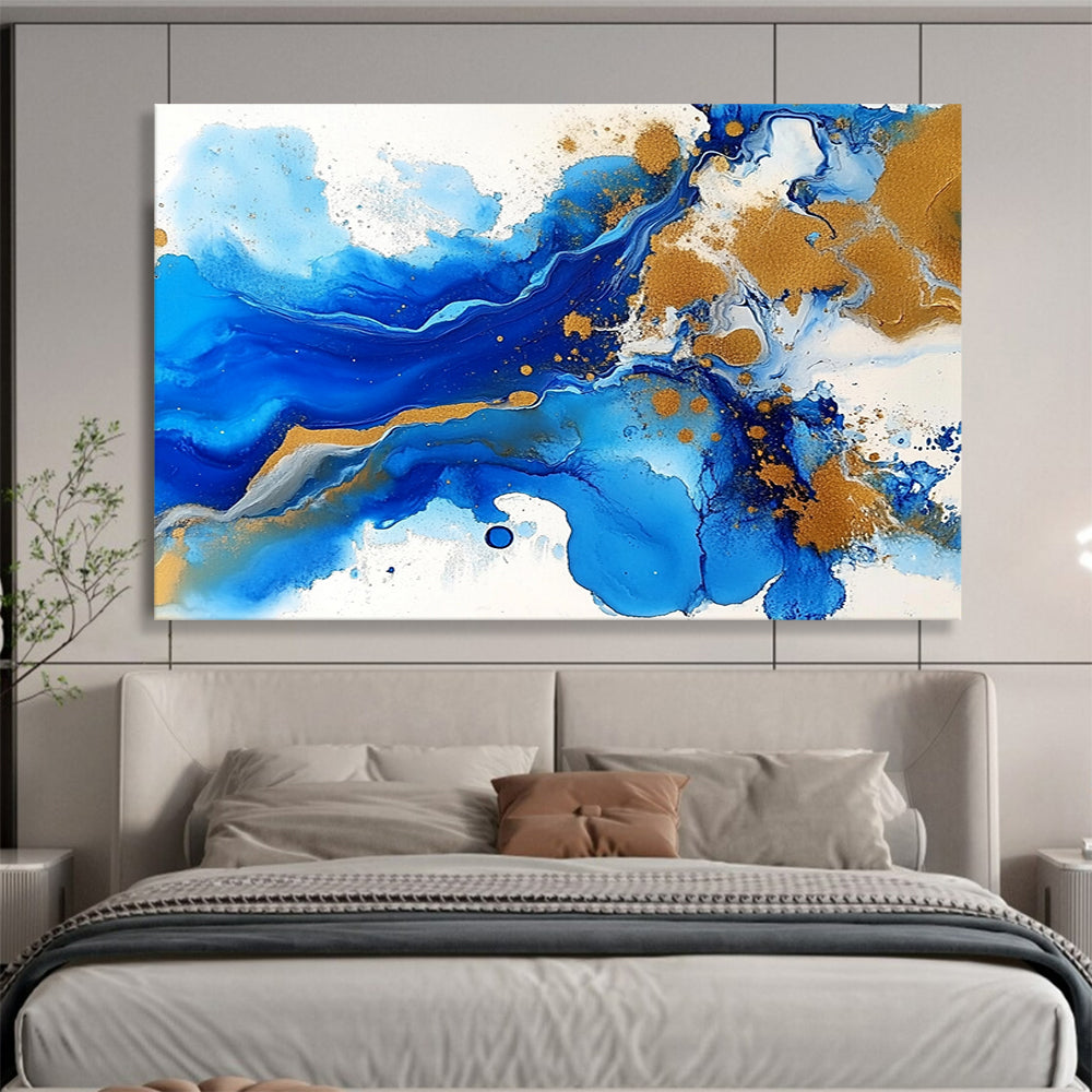 “Blue - Gold Abstract Fluid Waves” - Blue, Gold, White, Fluid Shapes Painting On Canvas HB0842