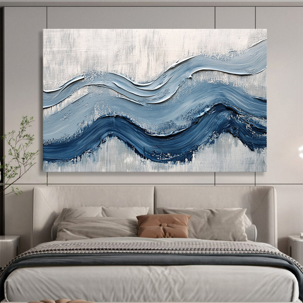Textured Blue Waves on Gray - Impasto Abstract Painting On Canvas HB0490