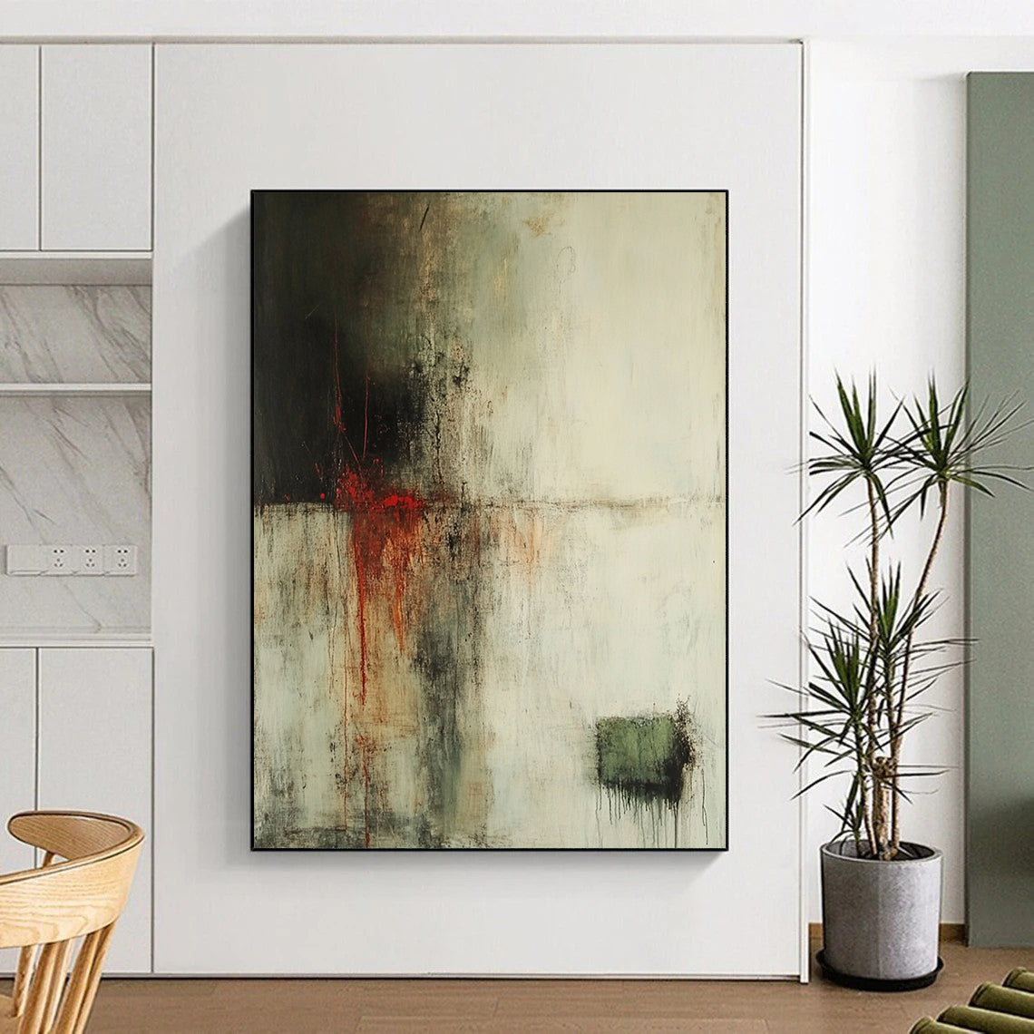 Contemporary hand-painted abstract art featuring faded whites dark browns and vibrant reds with atmospheric effects and soft edges. DLZ0902
