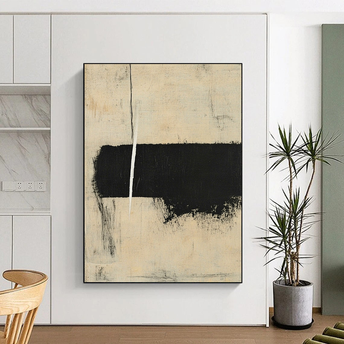 Large contemporary hand-painted abstract art featuring minimalistic shapes and brush strokes in black and beige with ample negative space. DLZ0941