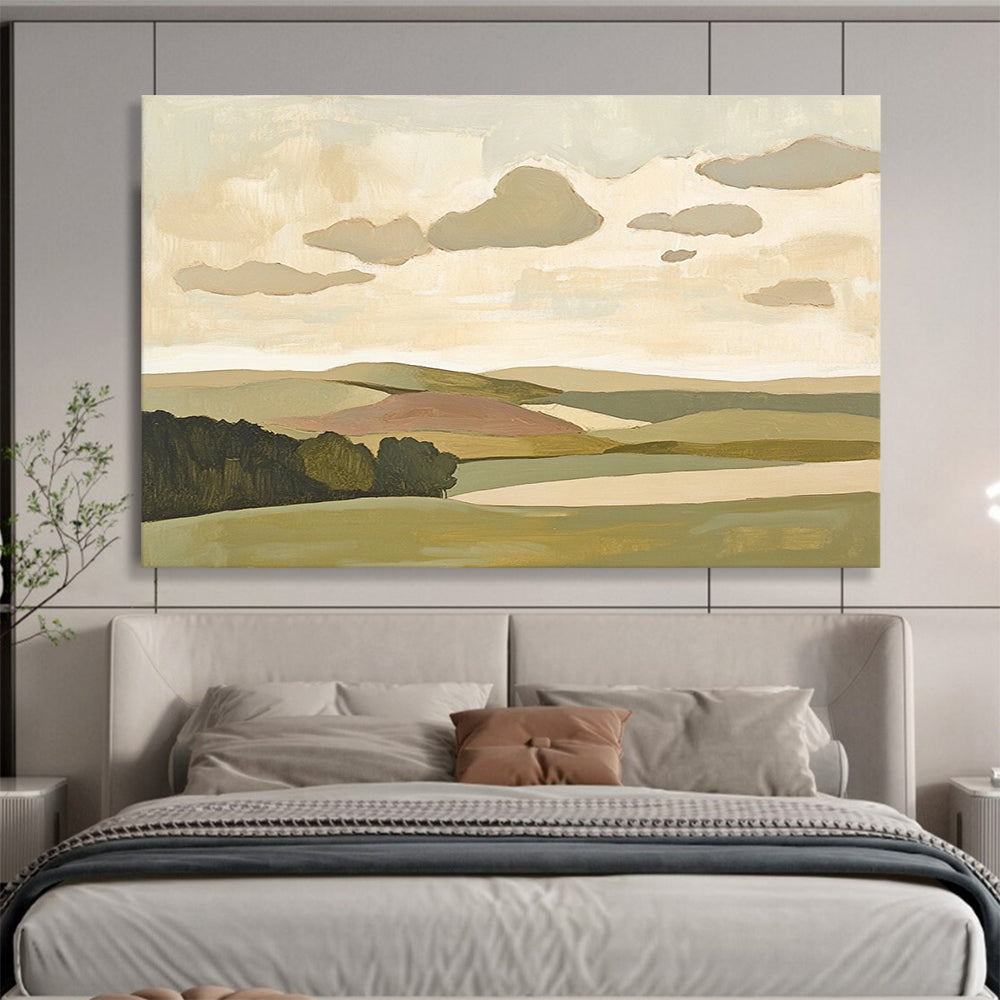 “Softly Painted Landscape” - Green, beige, pink, blue, Minimalist Landscape Painting HB0622