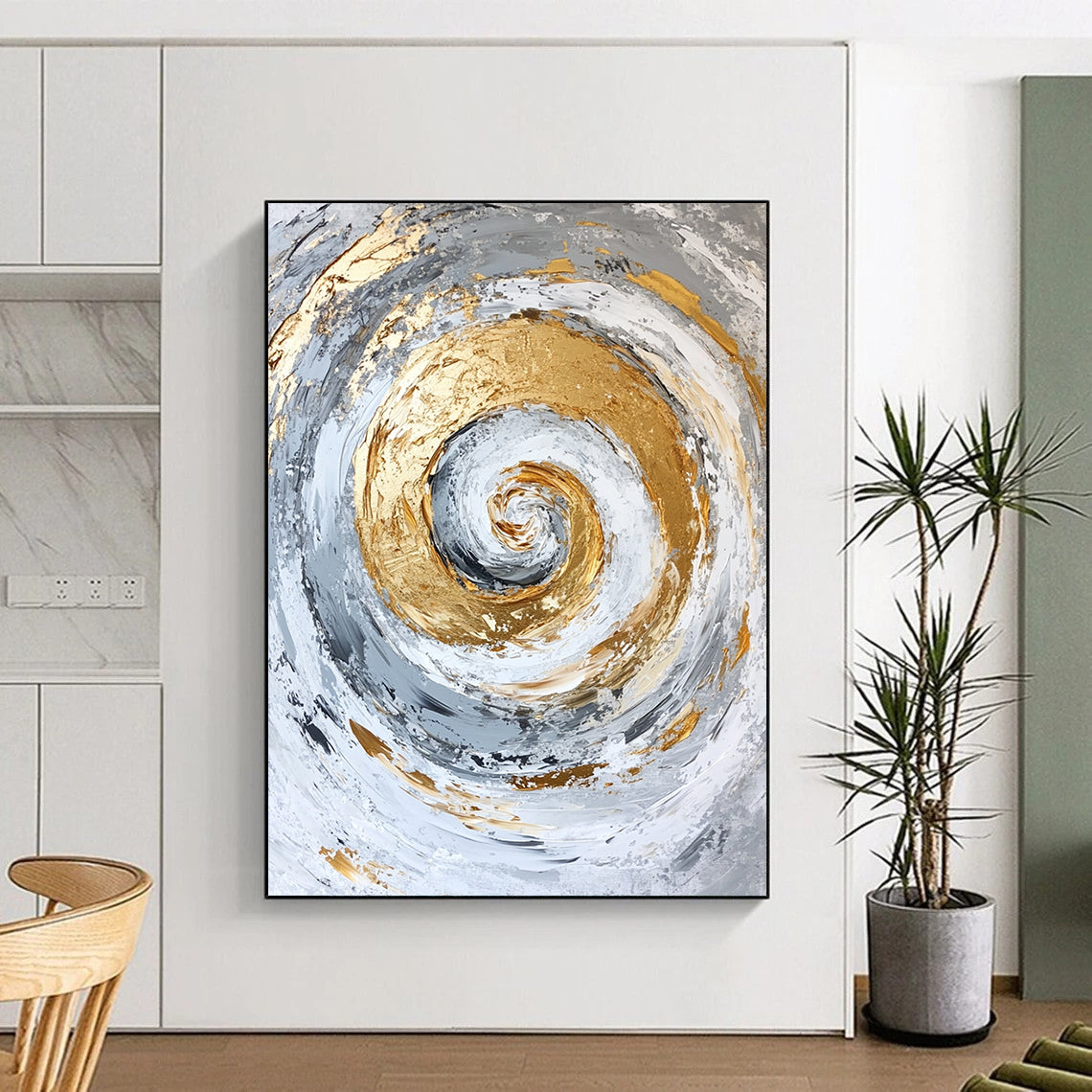 Contemporary hand-painted abstract artwork featuring a spiral design with gold accents on a textured white and grey background. DLZ0807