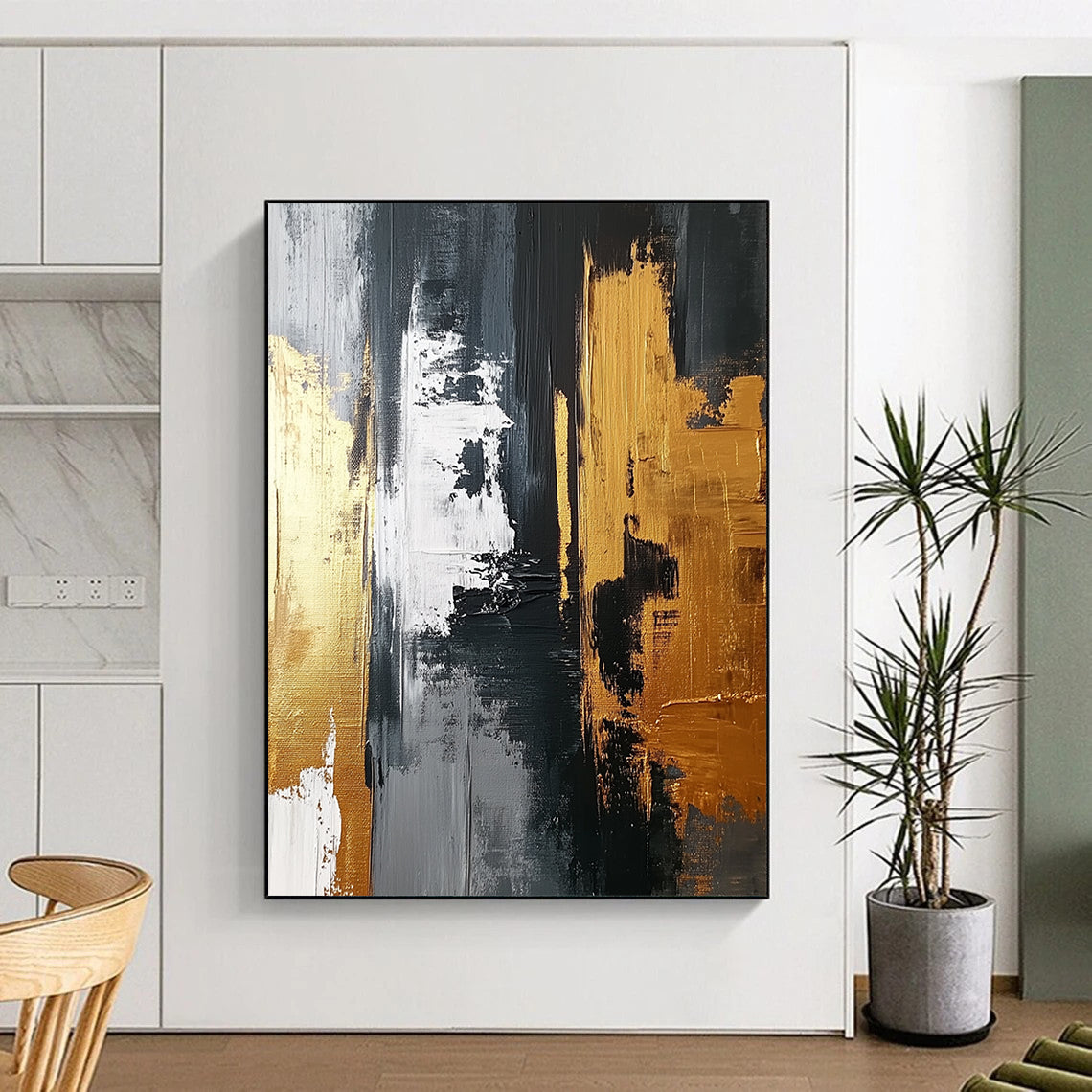 Abstract artwork featuring a gold and gray palette with bold brush strokes and white highlights on a dark gray background, emphasizing texture and dynamic design. DLZ0705